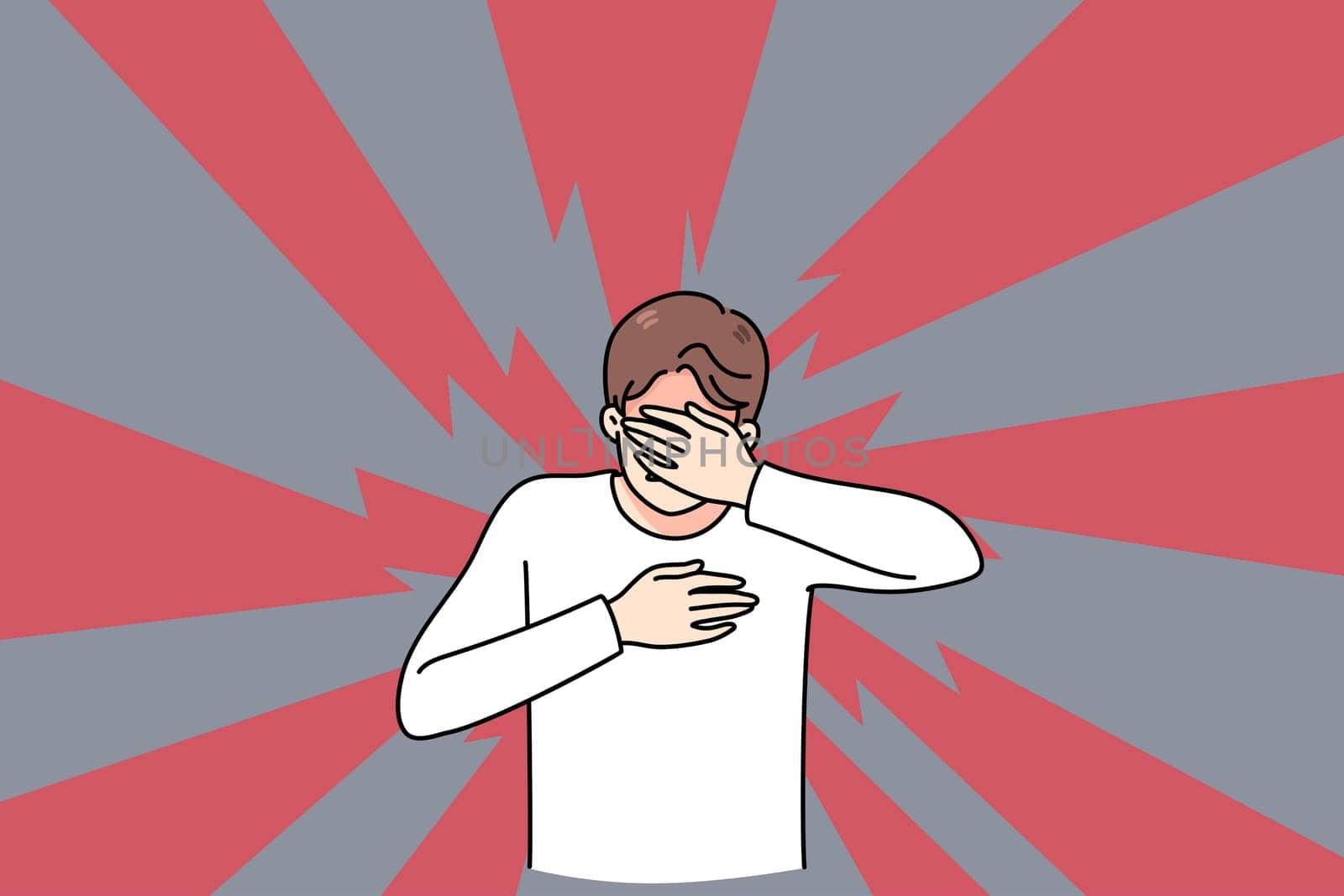 Unhappy young man cover eyes suffer from panic attack or anxiety need psychological help. Stressed guy struggle with depression or mental problems feel distressed. Vector illustration.