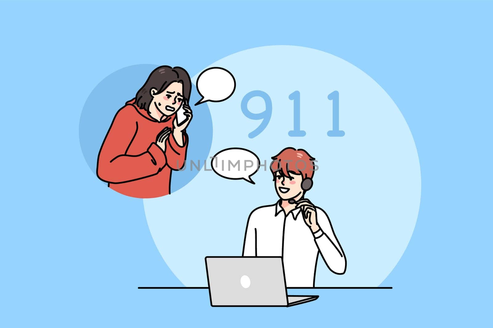 Scared woman call emergency line operator tell about health problem. Anxious unwell female dial urgent medical care unit for help or first aid. Healthcare and medicine. Vector illustration.