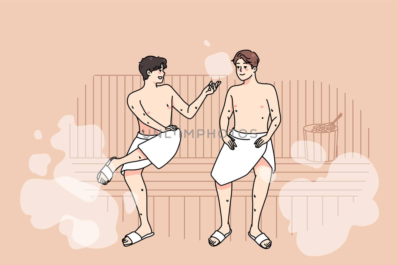 Happy male friends in towels relax in sauna on weekend together. Smiling men enjoy bathhouse relaxation, rest in spa or wellness center. Relaxation and recreation. Vector illustration.