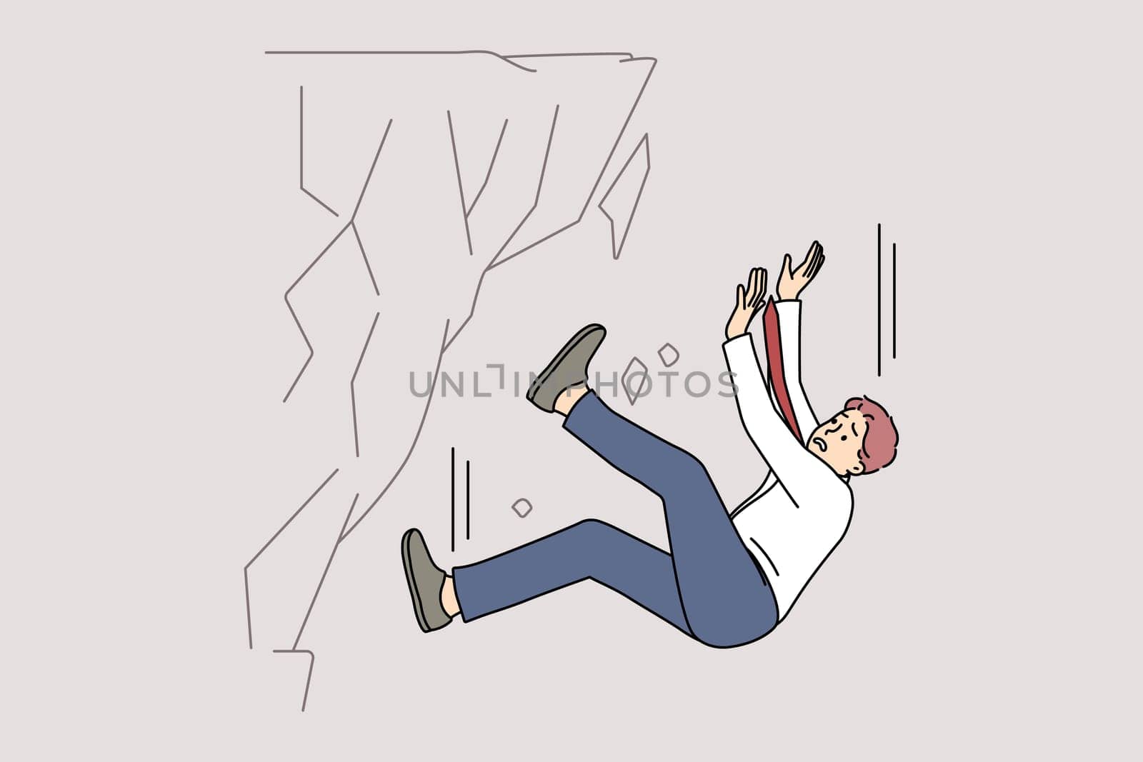 Stressed businessman fall down from rock suffer from work failure or crisis. Unhappy male employee have professional or job fiasco struggle breakdown. Flat vector illustration.