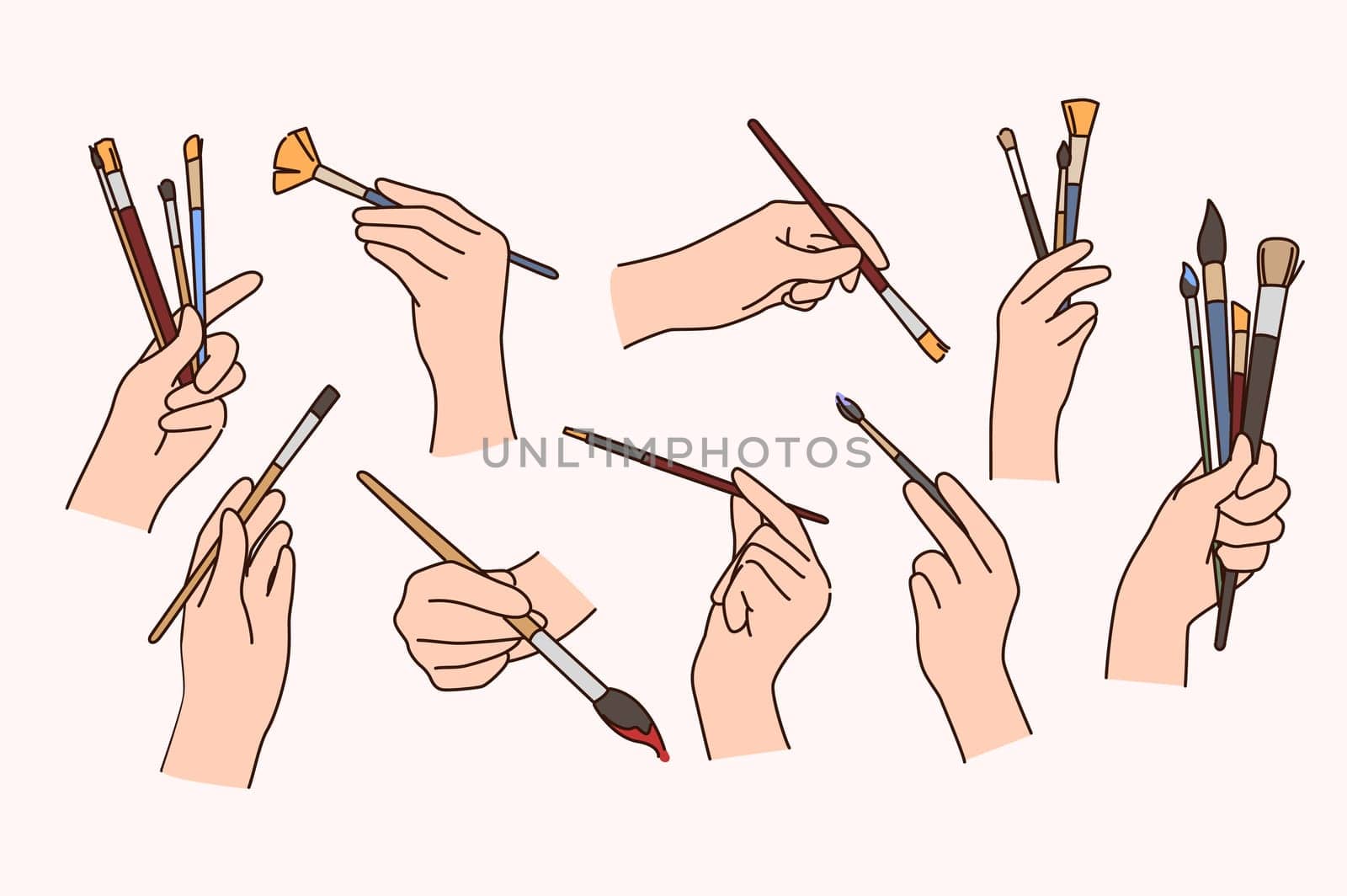 Set of person hands holding painting brushes. Collection of people artists or painter with artistic tools and equipment. Hobby and activity. Paintbrush. Flat vector illustration.
