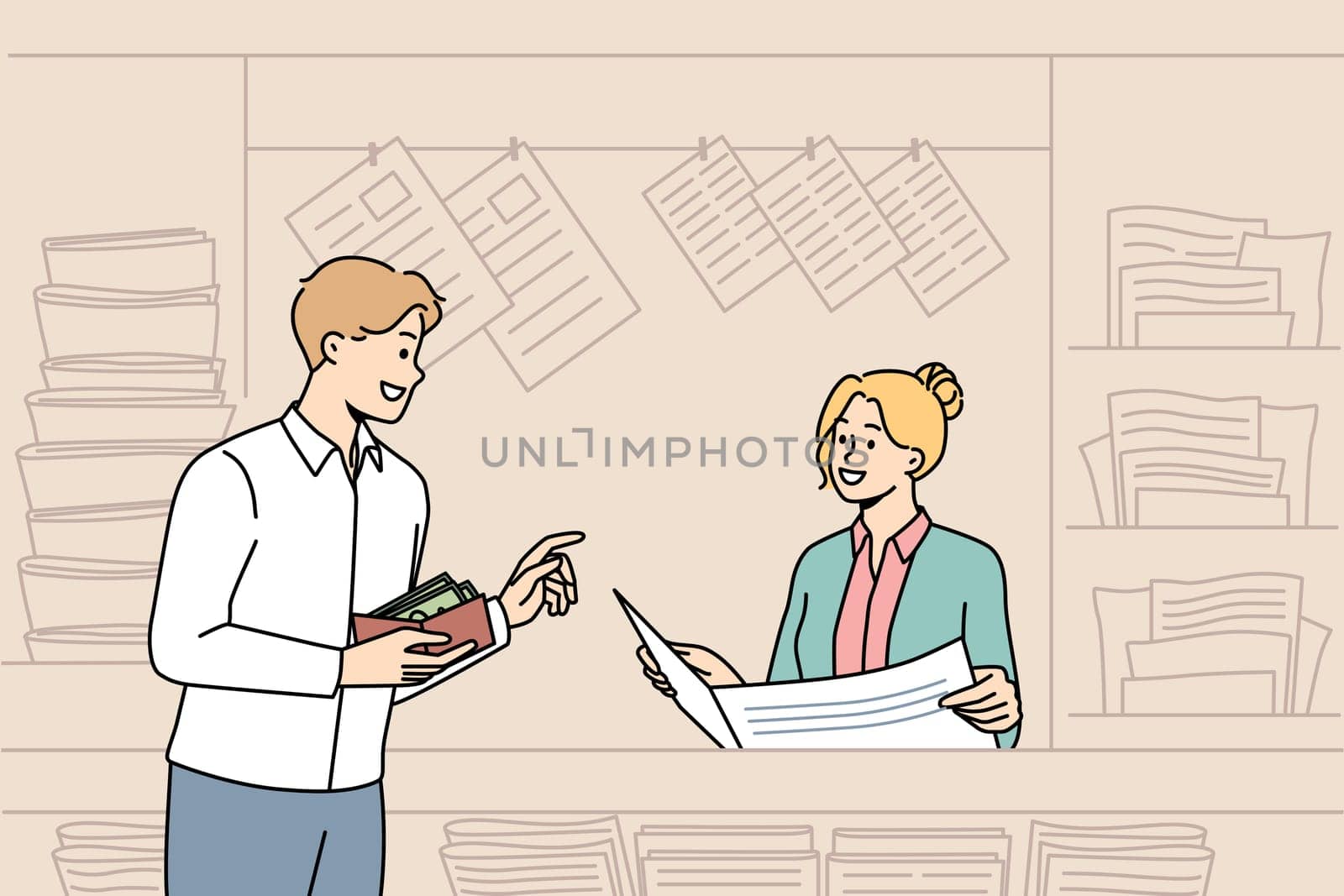 Smiling buy magazine at street newsstand with press. Happy male client purchase newspaper in outdoor kiosk or stall. Print media and entertainment. Flat vector illustration.