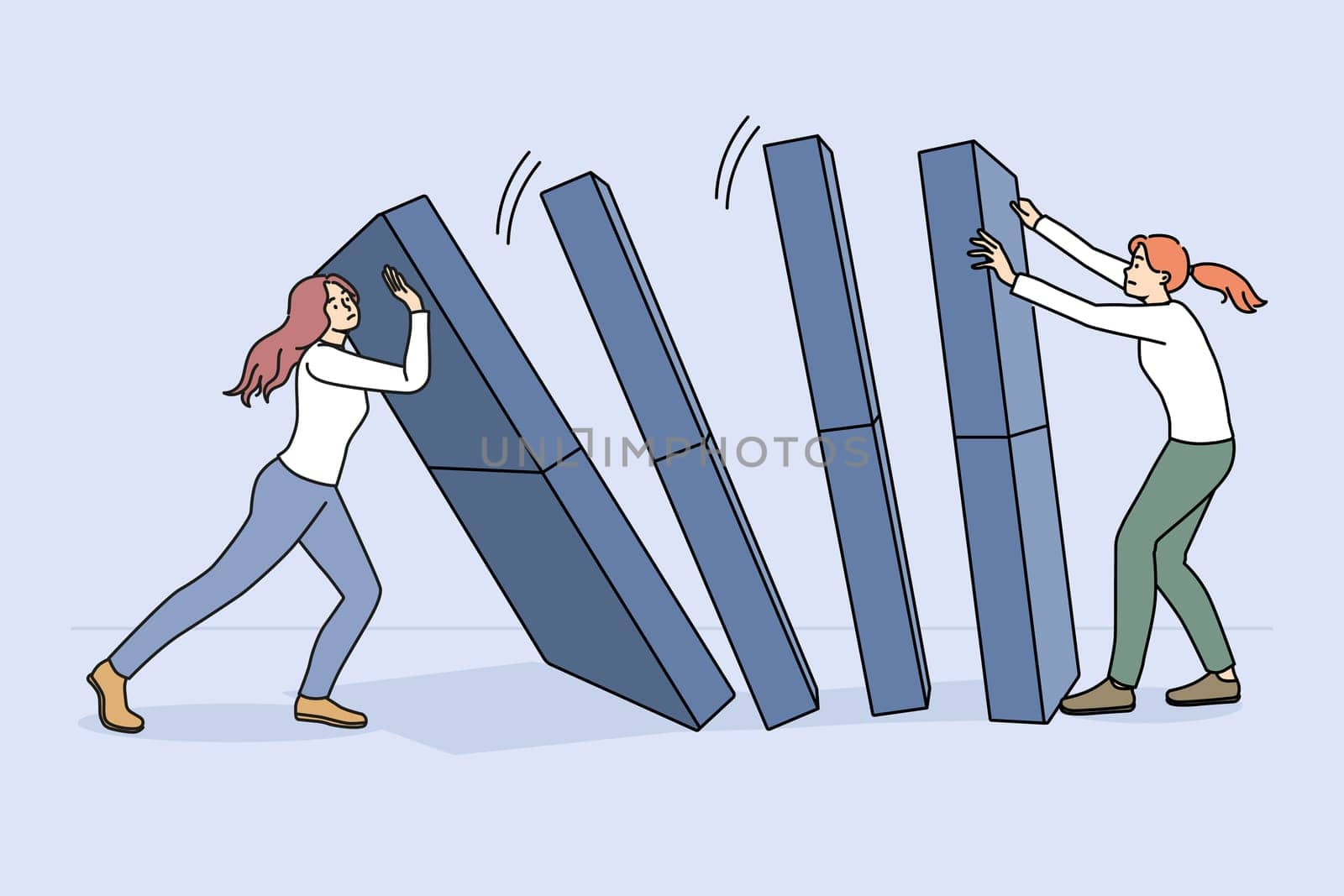 Businesswoman hold domino prevent from falling down. Concept of domino effect and chain reaction. Risky business project or idea, financial company crisis. Flat vector illustration.