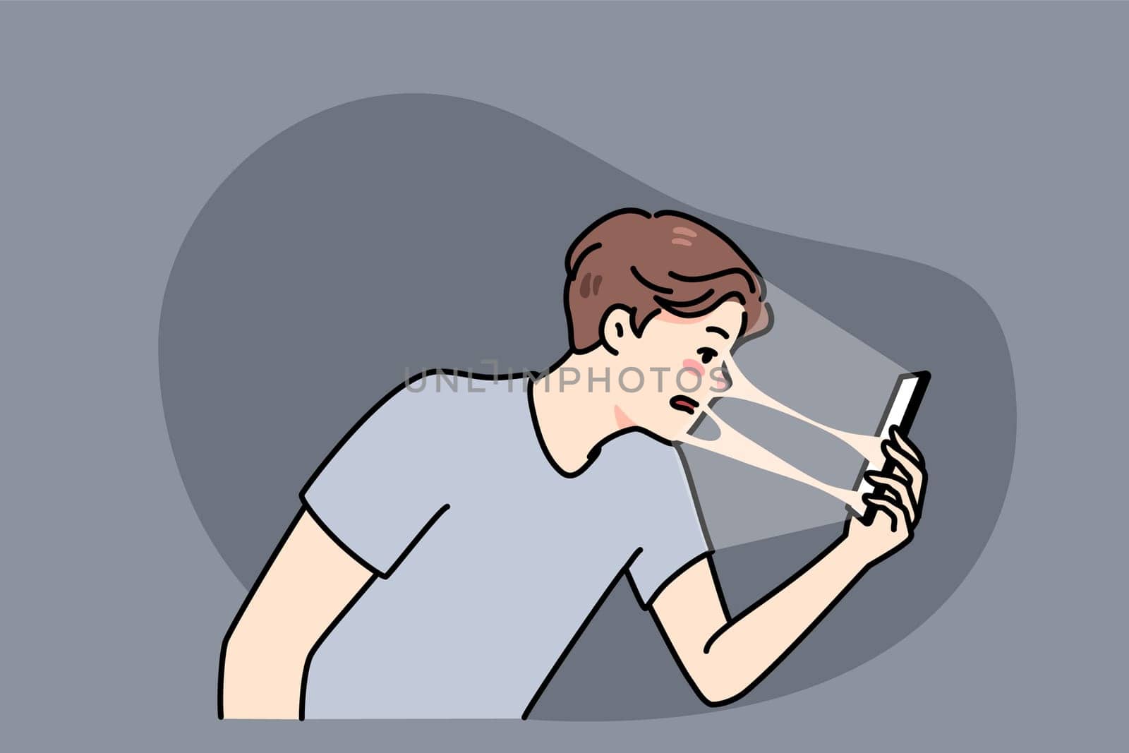 Young guy connected sealed to smartphone suffer from technology addiction problem. Man addicted to cellphone and social media, tied to online communication. Flat vector illustration.
