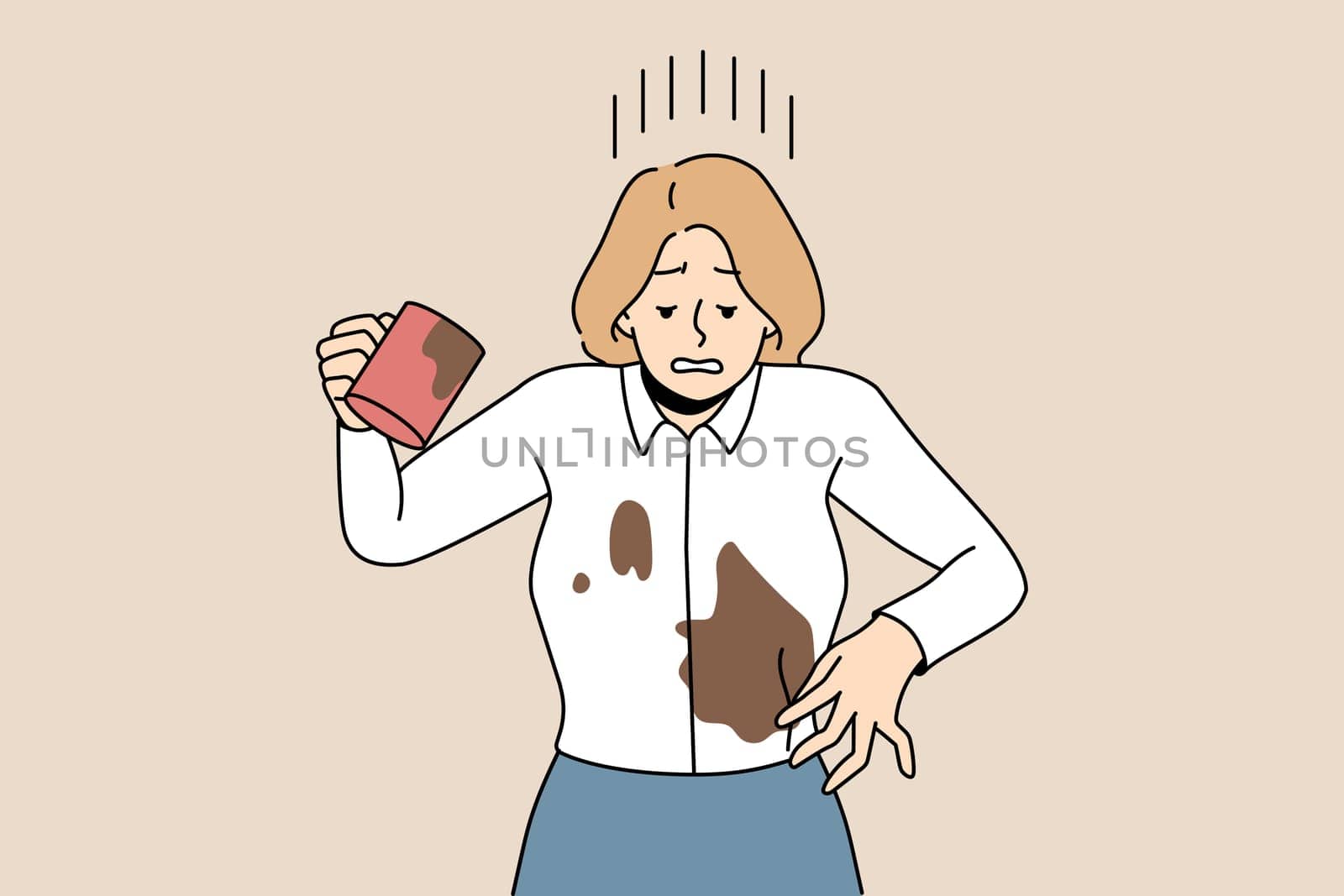 Distressed businesswoman spill coffee on blouse. Unhappy woman douse herself with drink. Clumsy careless female accident at workplace. Vector illustration, cartoon character.