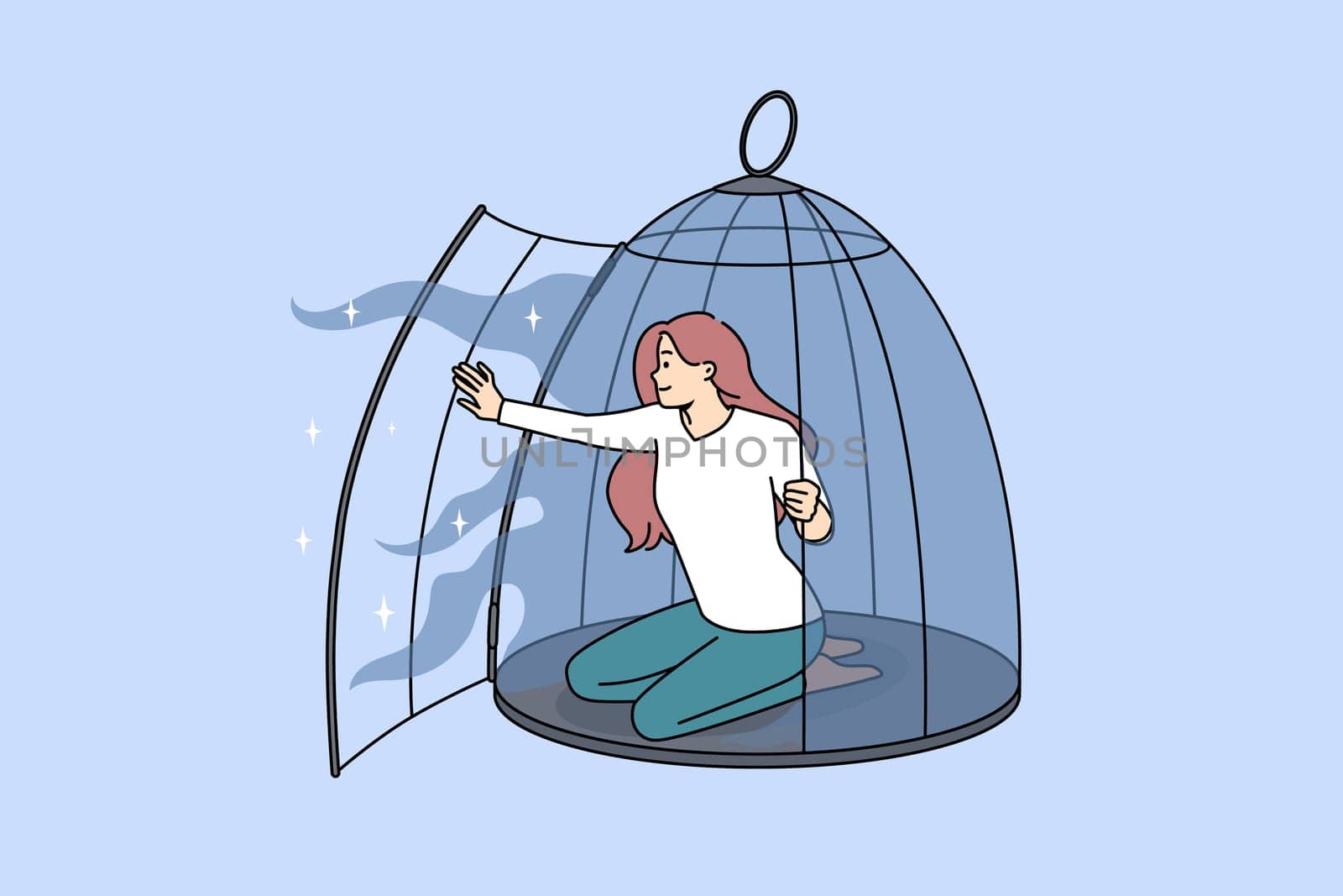 Happy young woman come out of cage recover from depression or mental issue. Smiling girl free from birdcage take new opportunities. Freedom and rehabilitation. Vector illustration.