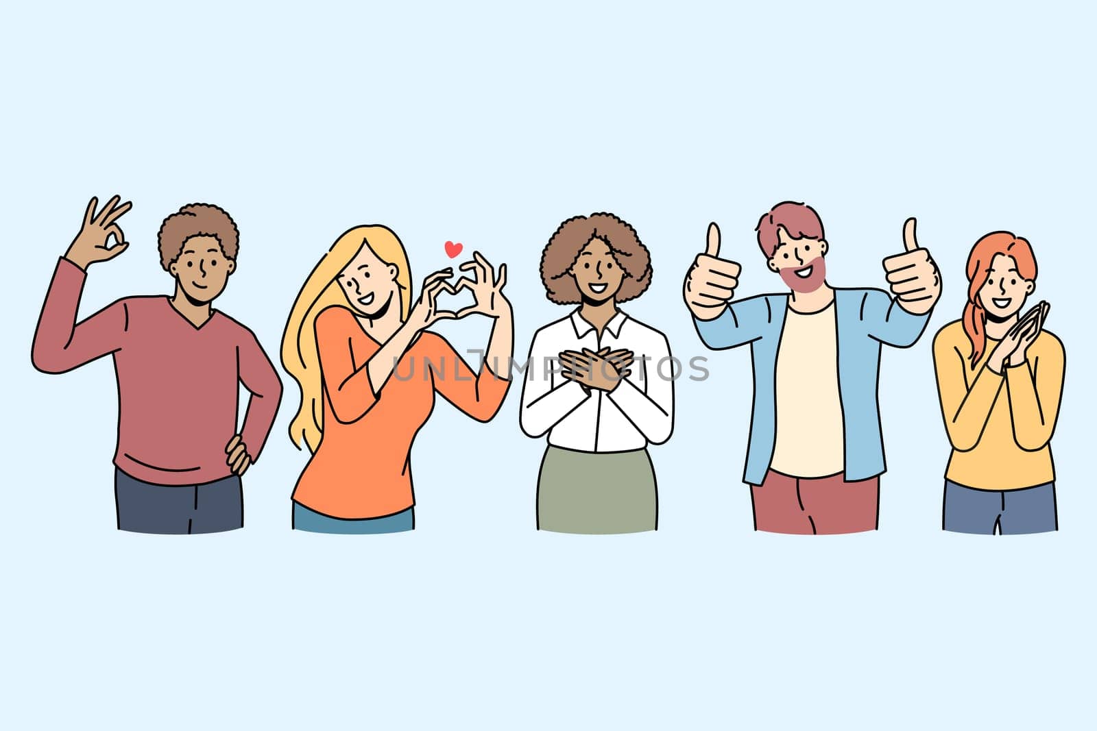 Happy people show diverse hand gestures