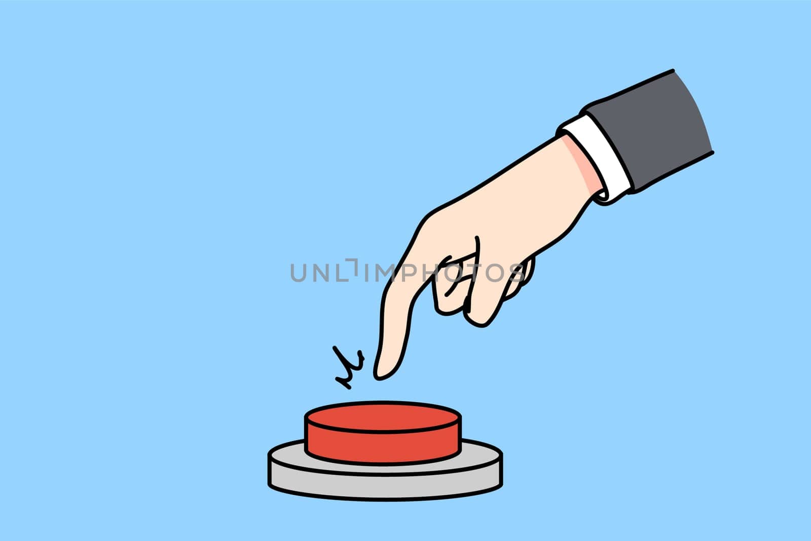 Businessman hand ready to press red warning button. Man employee hand activate business project or launch startup. Activation concept. Flat vector illustration.