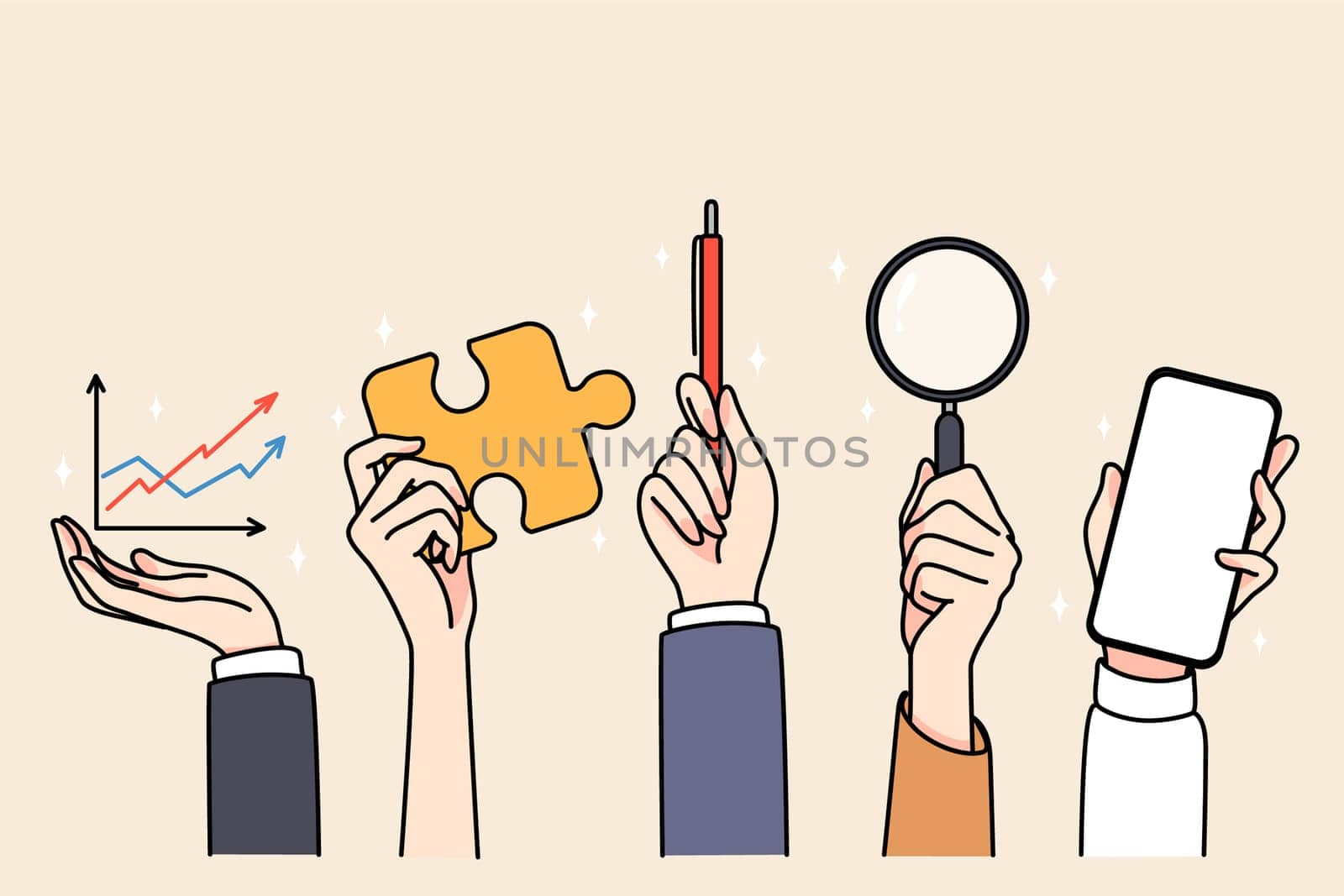 Hands of people holding various work tools and equipment. Businesspeople use stationery for job, phone, magnifier and pen. Office and job supplies. Flat vector illustration.