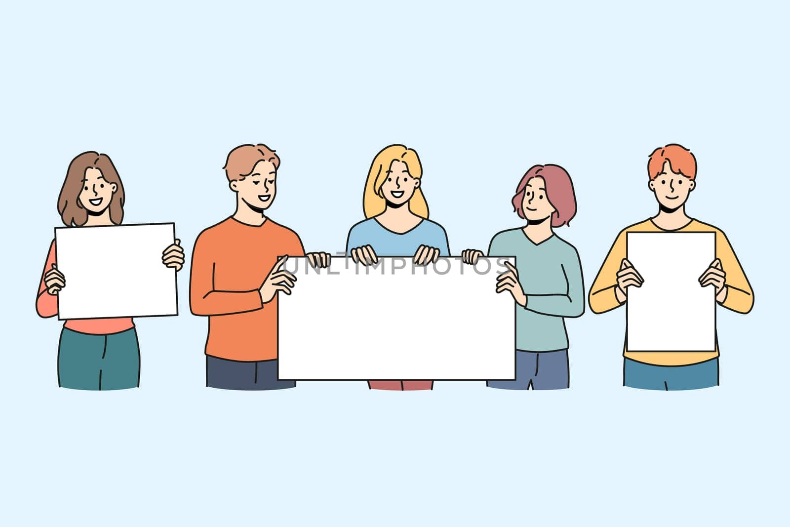 Diverse people protesters with mockup placards on manifestation or protest. Men and women activists with banners or signs on street demonstration or revolution. Vector illustration.