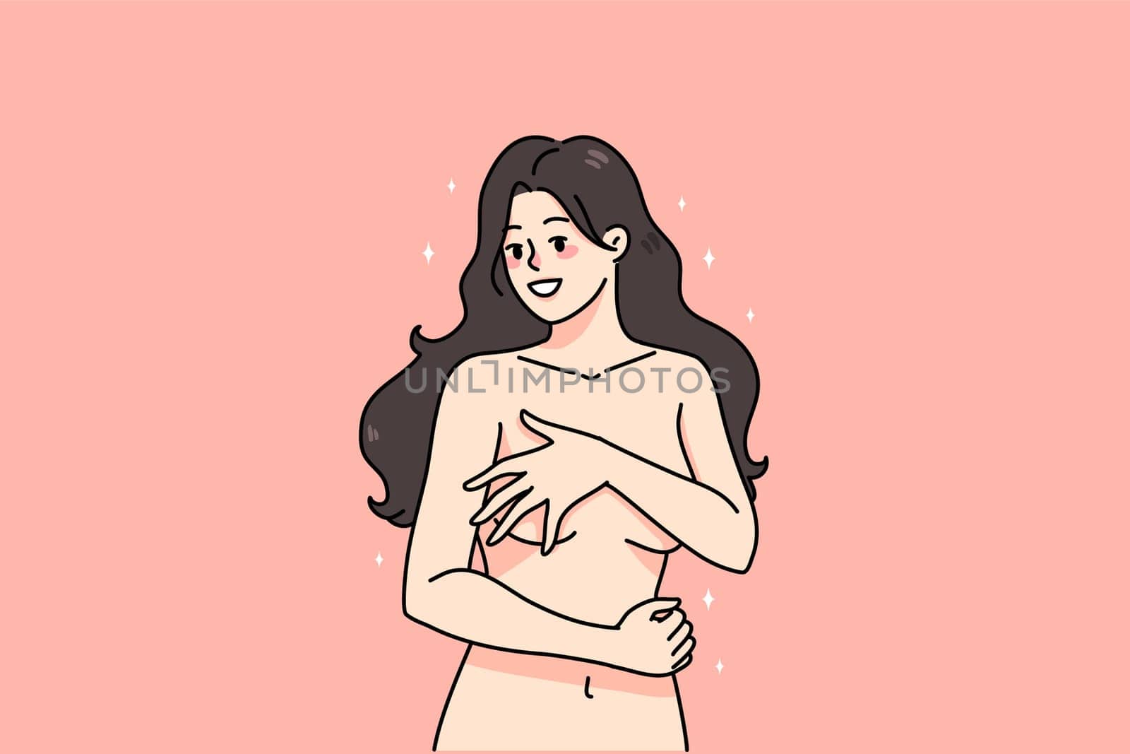 Happy young naked woman isolated on pink studio background cover body with hands. Smiling sexy millennial girl with no clothes on hide figure. Art and nudity. Vector illustration.