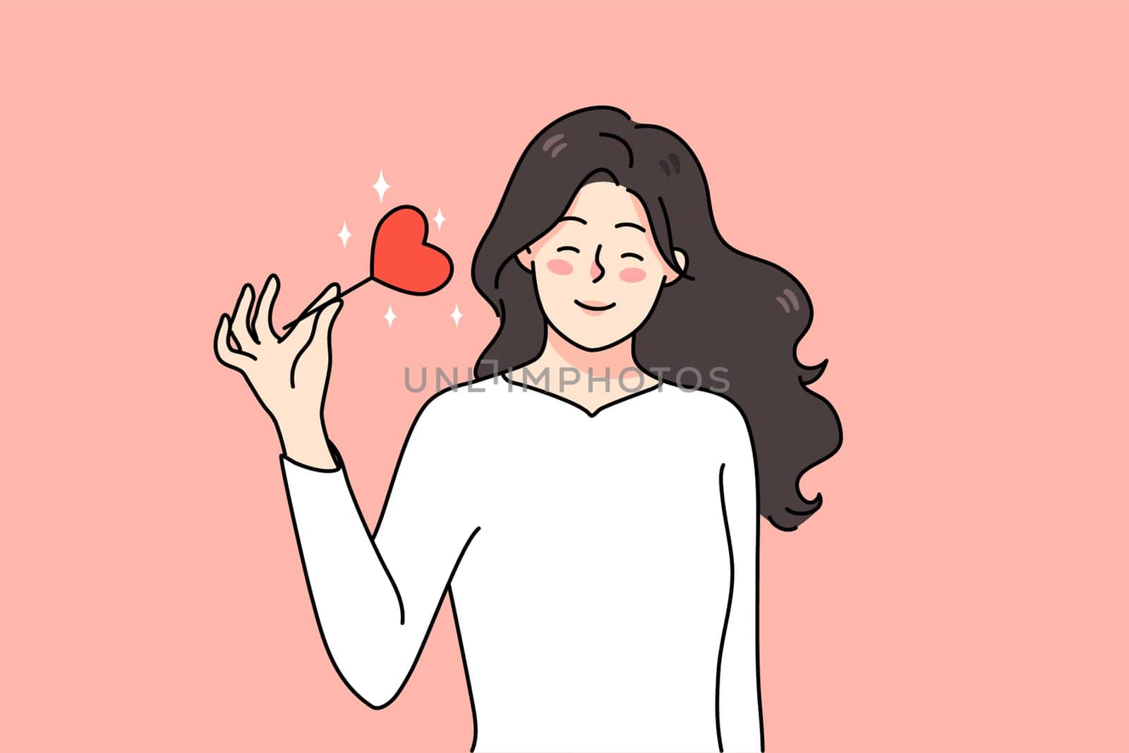 Smiling millennial girl with heart on stick celebrate valentine day. Happy young Caucasian woman spread share love and affection. Relationship and romance in air. Vector illustration.