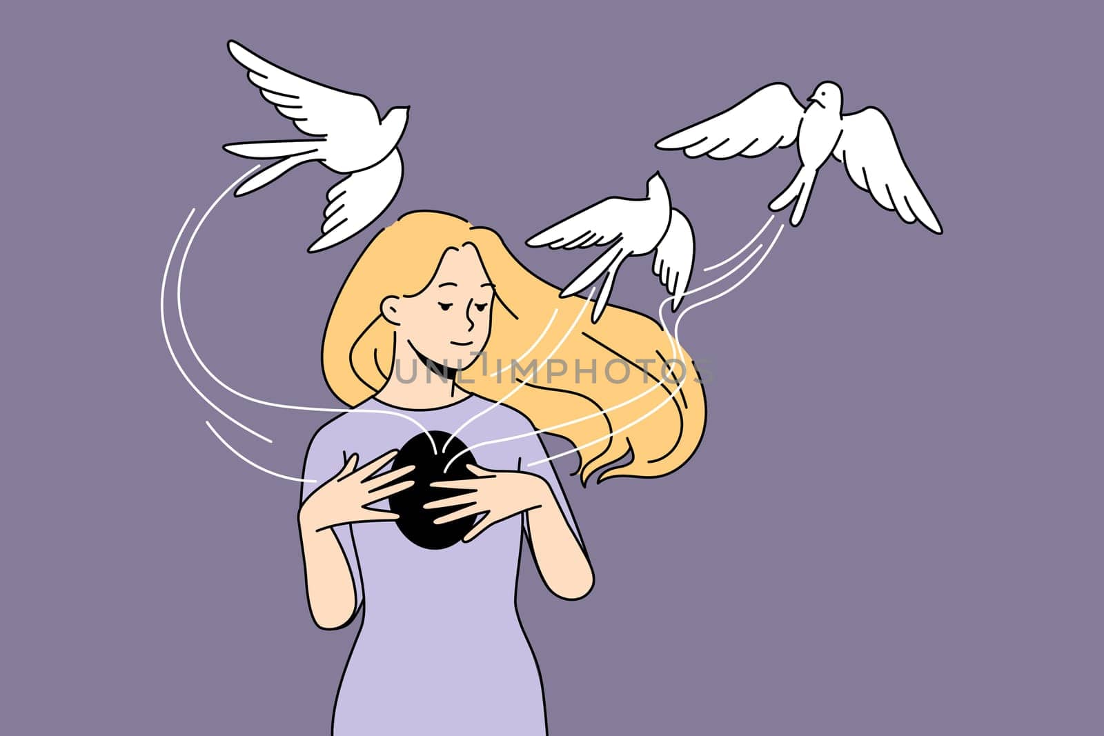 Happy young woman free birds from chest recover from depression or anxiety. Calm smiling girl overcome psychological or mental problems. Healthcare and psychotherapy. Vector illustration.
