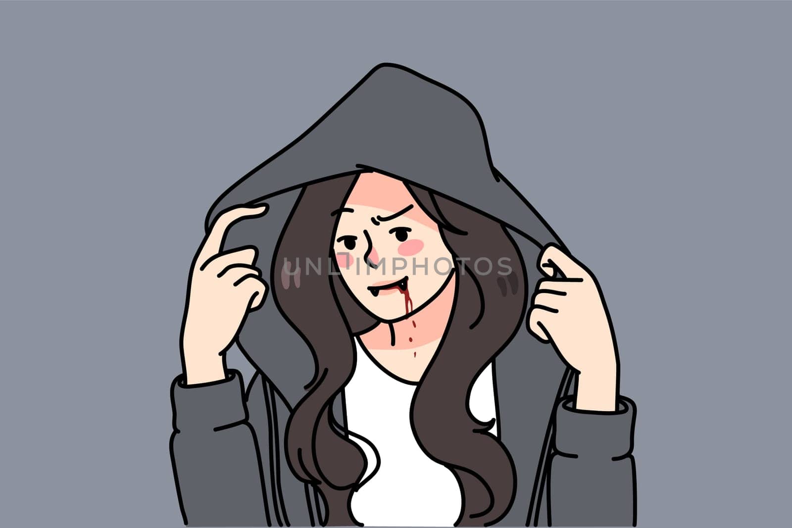 Young woman in mantle with hood have scary Halloween makeup on face. Gothic lady in eccentric costume feel playful and cheerful. Party, dressed as vampire. Vector illustration.