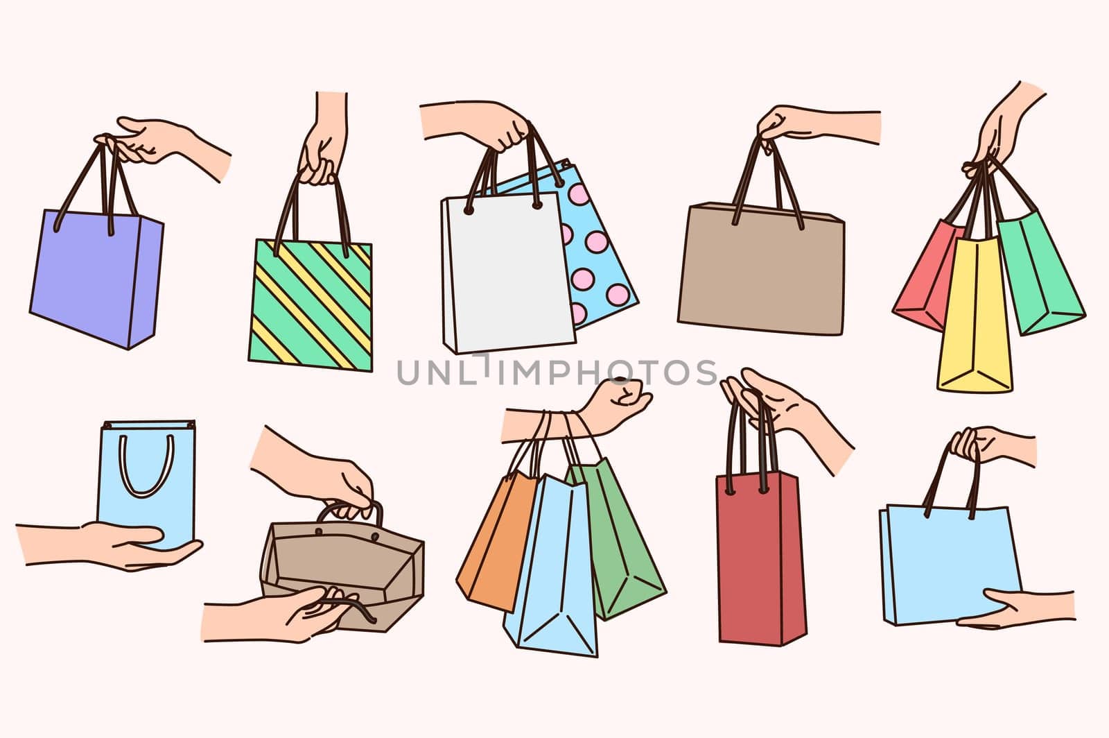 Set of people holding diverse shopping bags buying goods and clothes. Collection of persons with handful of packages or presents. Celebration and gift parcel. Vector illustration.