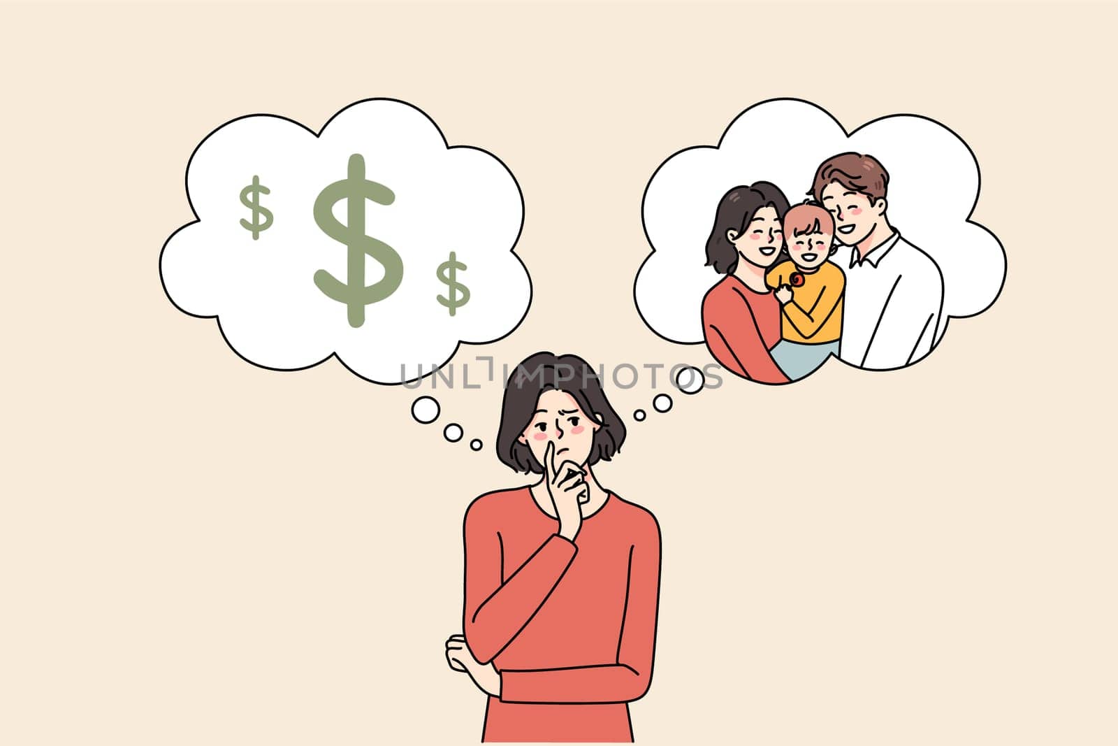 Confused young woman think of life plan, make choice between money and motherhood. Frustrated female choose between career and family. Flat vector illustration, cartoon character.