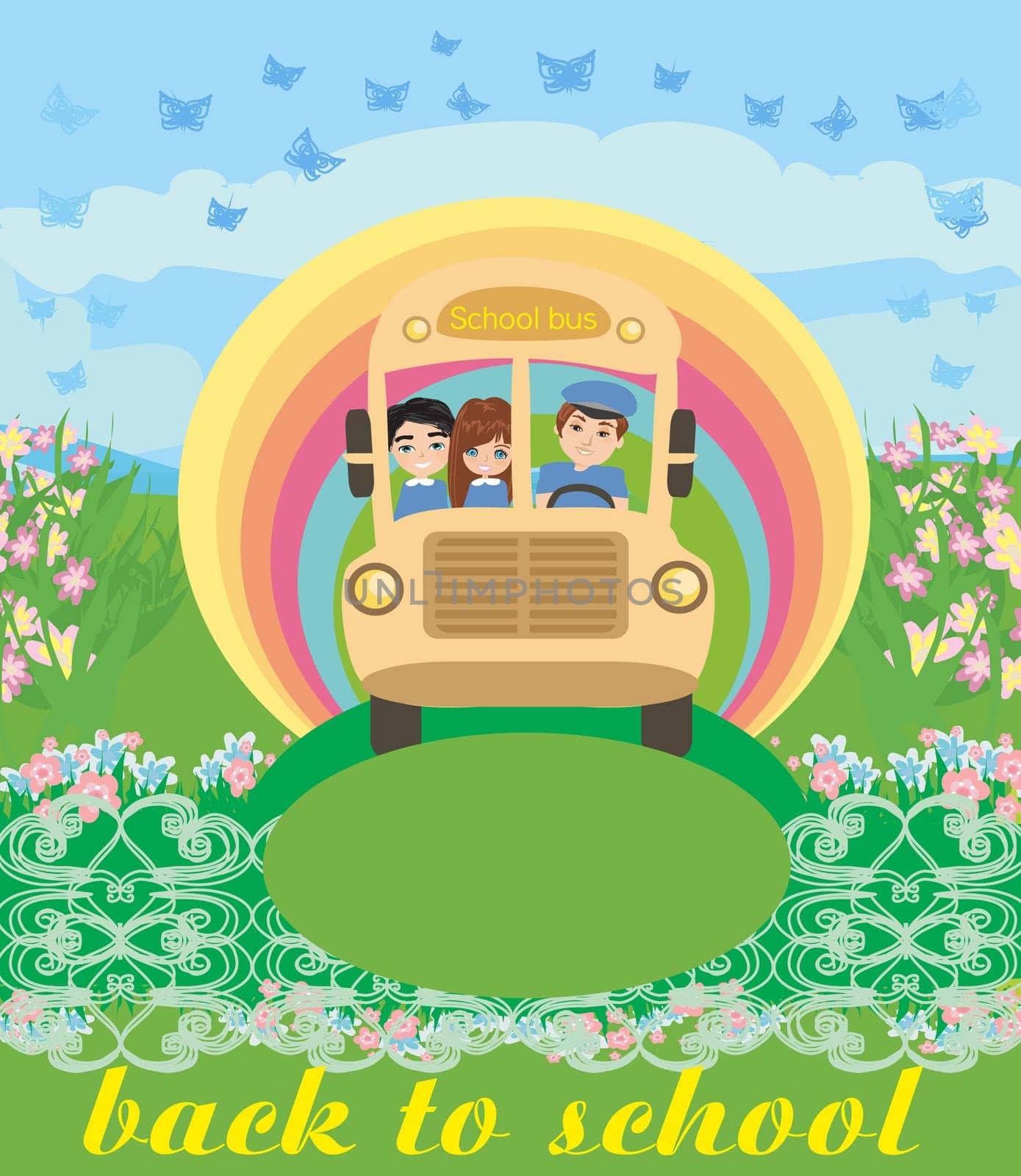 School bus with happy children