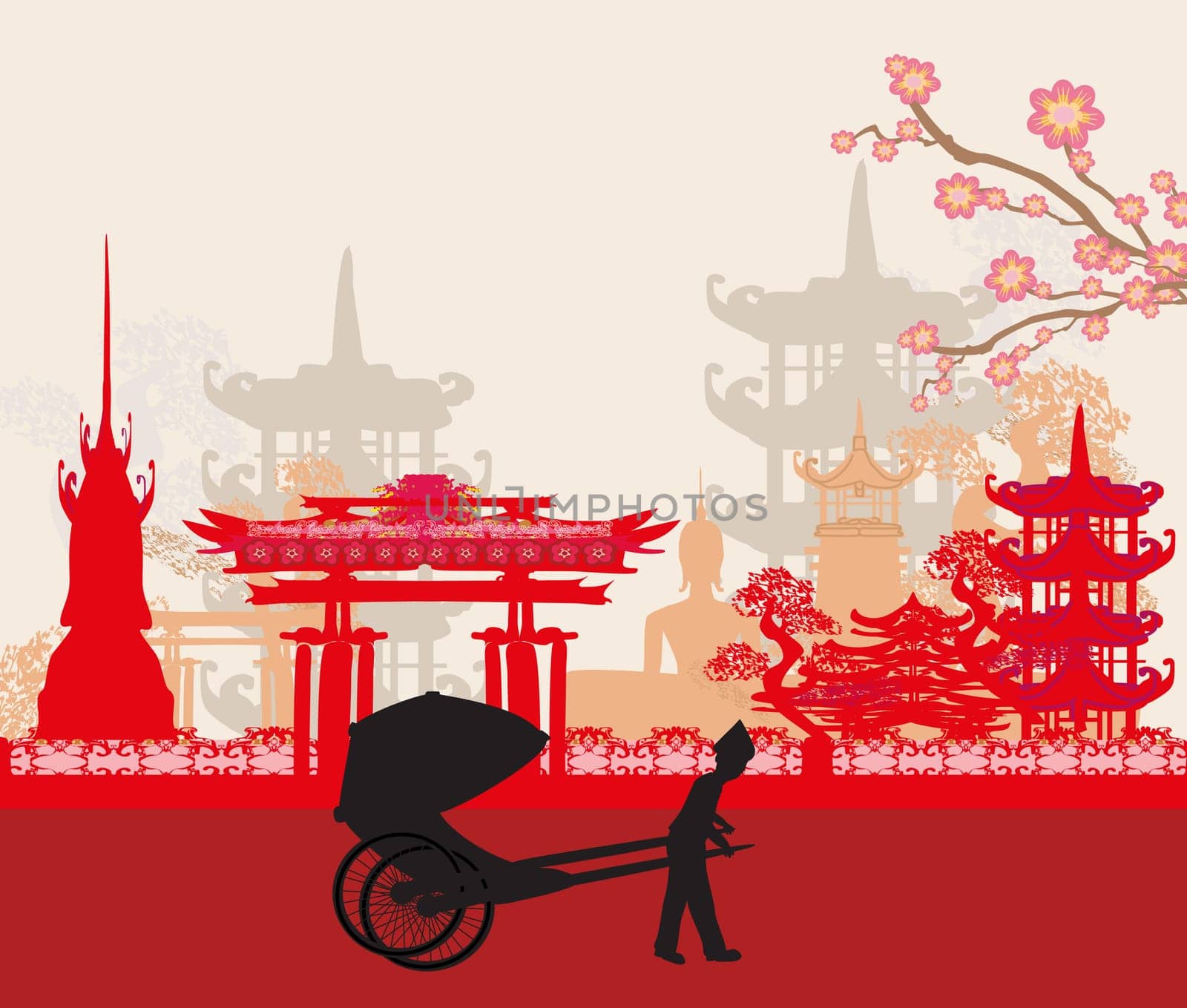 rickshaw and Asian landscape