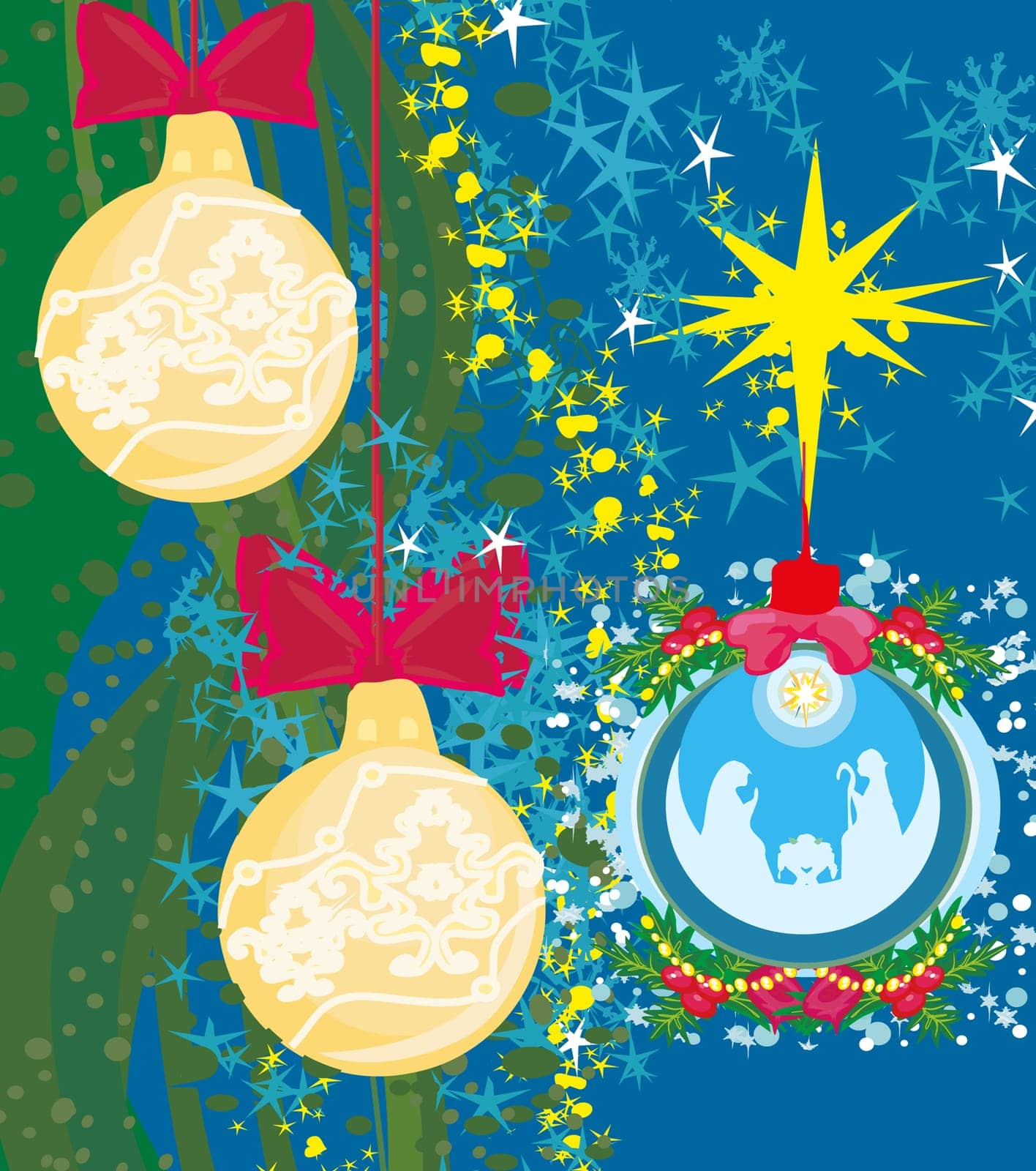 hristian Christmas nativity scene of baby Jesus in transparent ball hanging on abstract background