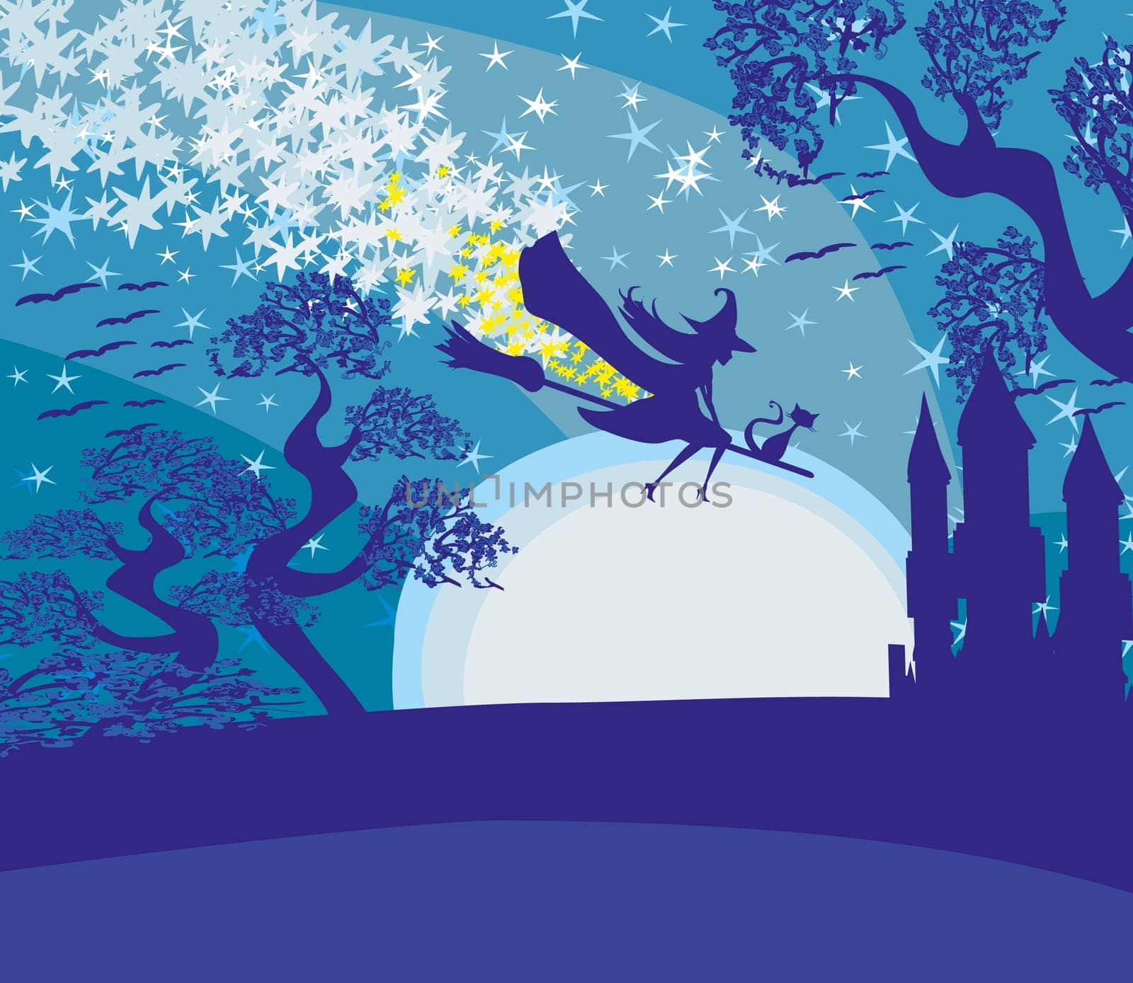 Witch flying on a broom in moonlight.