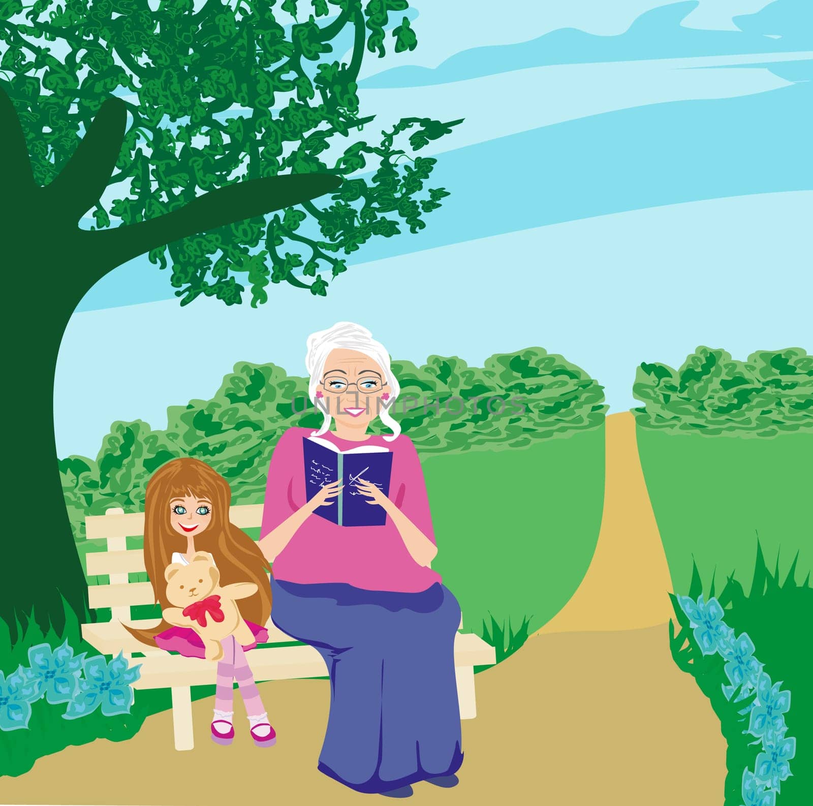 Grandmother and granddaughter in the garden