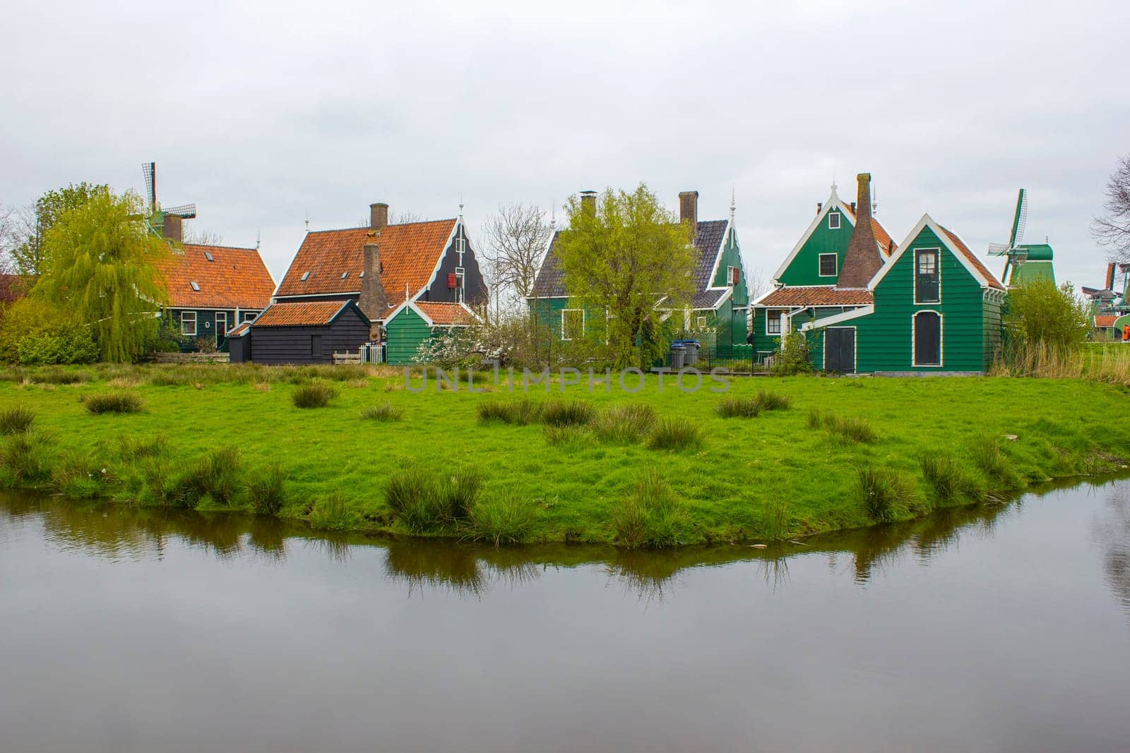 Traditional Houses in the Historic Village of Zaanse Schans on the Zaan River in the Netherlands