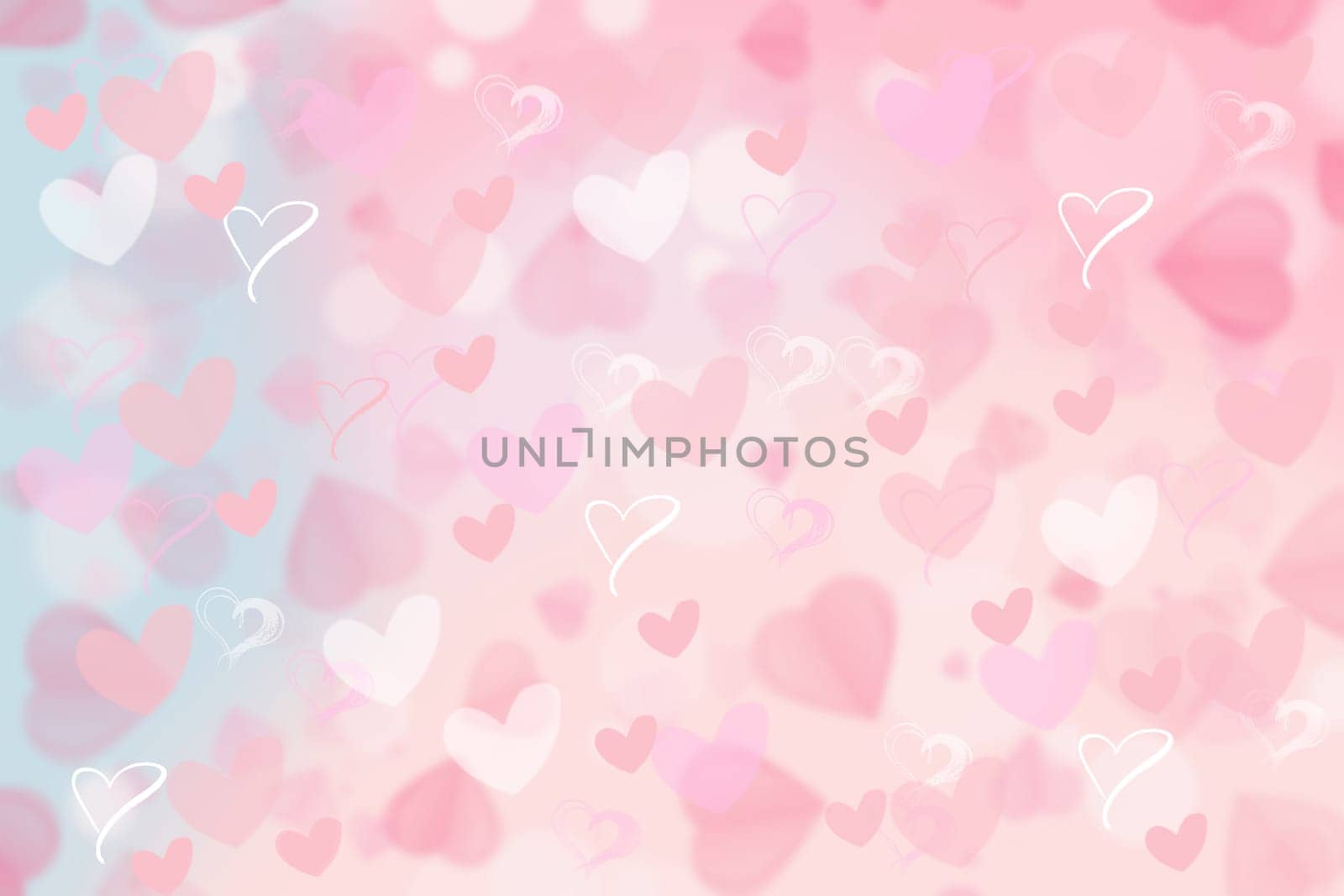 Valentines or mothers day card template. Abstract delicate romantic illustrated pink gradient blue background texture with pink and white bokeh hearts. Beautiful backdrop.