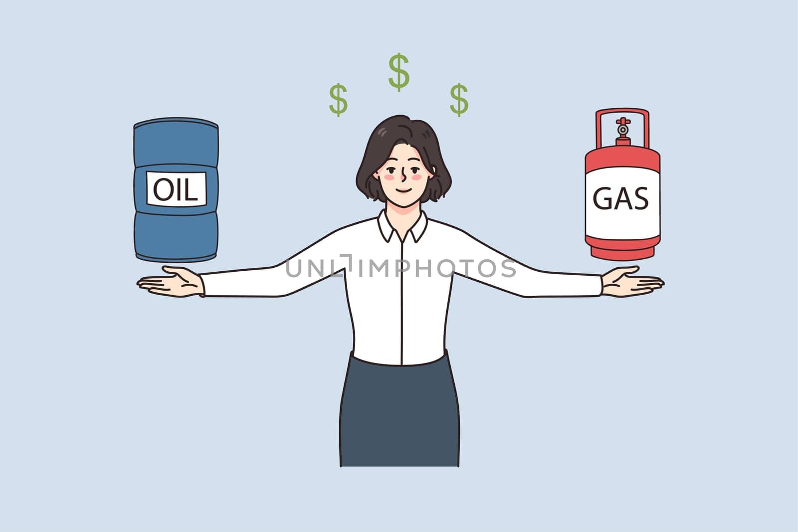 Smiling successful businesswoman sell oil and gas barrels to customer. Confident female employee compare natural resources prices. Fuel and petroleum concept. Vector illustration.
