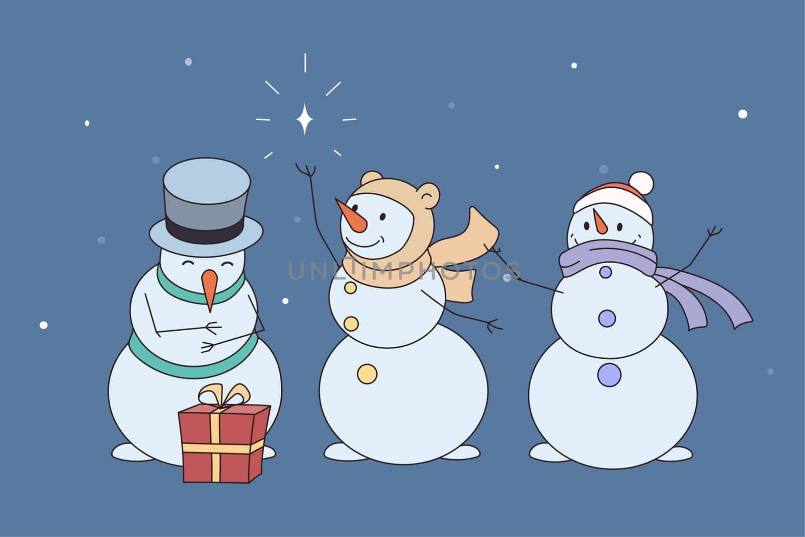 Diverse happy snowmen in hats and scarves congratulate with New Year holidays. Smiling snow men for winter celebration. Merry Christmas concept. Flat vector illustration.