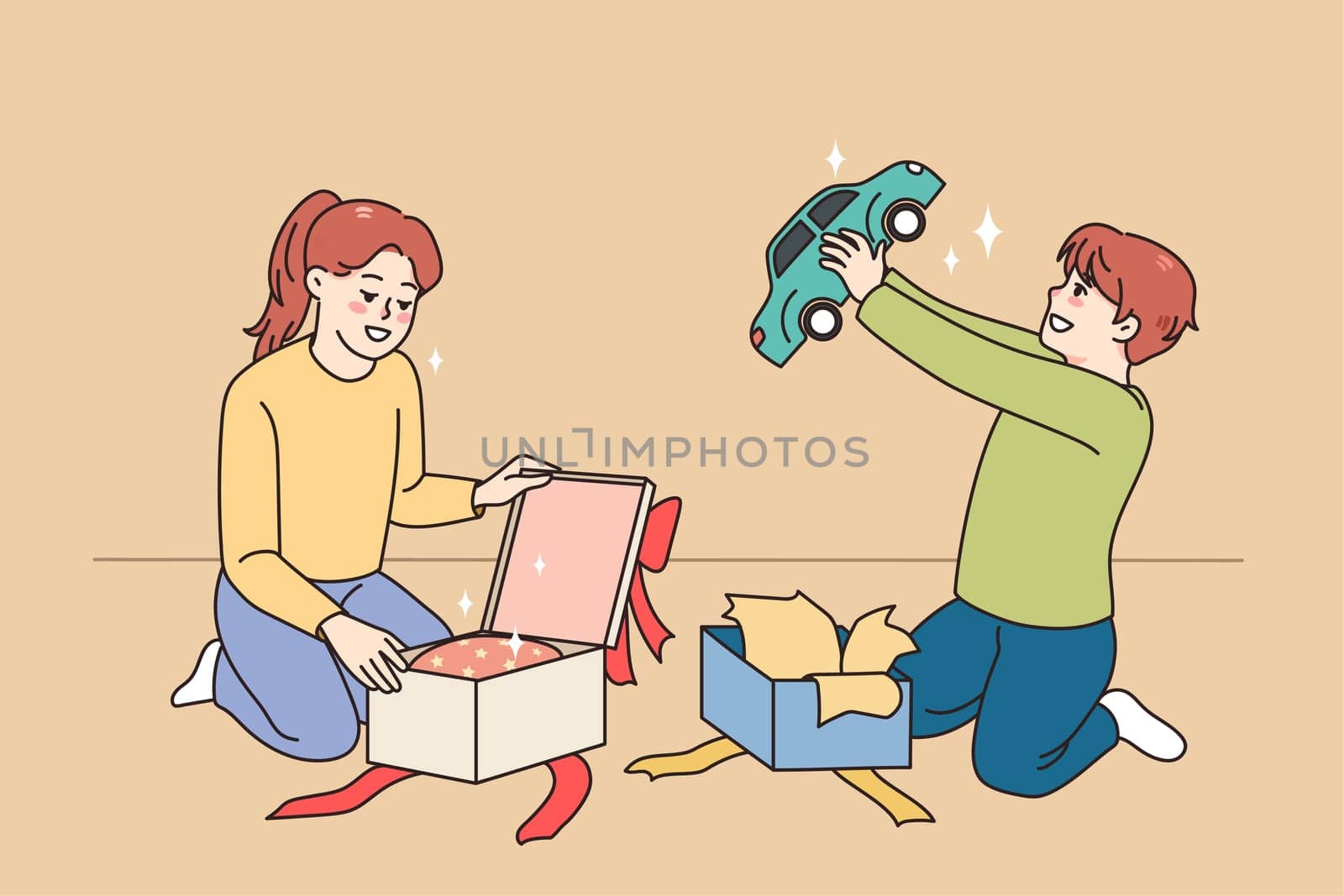Happy small kids unpack wrapped boxes with presents for birthday. Smiling children feel excited open unbox parcels or gifts for special occasion. Surprise concept. Childcare. Vector illustration.