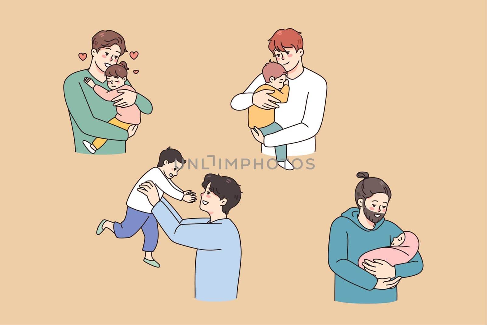 Set of happy fathers play with small children