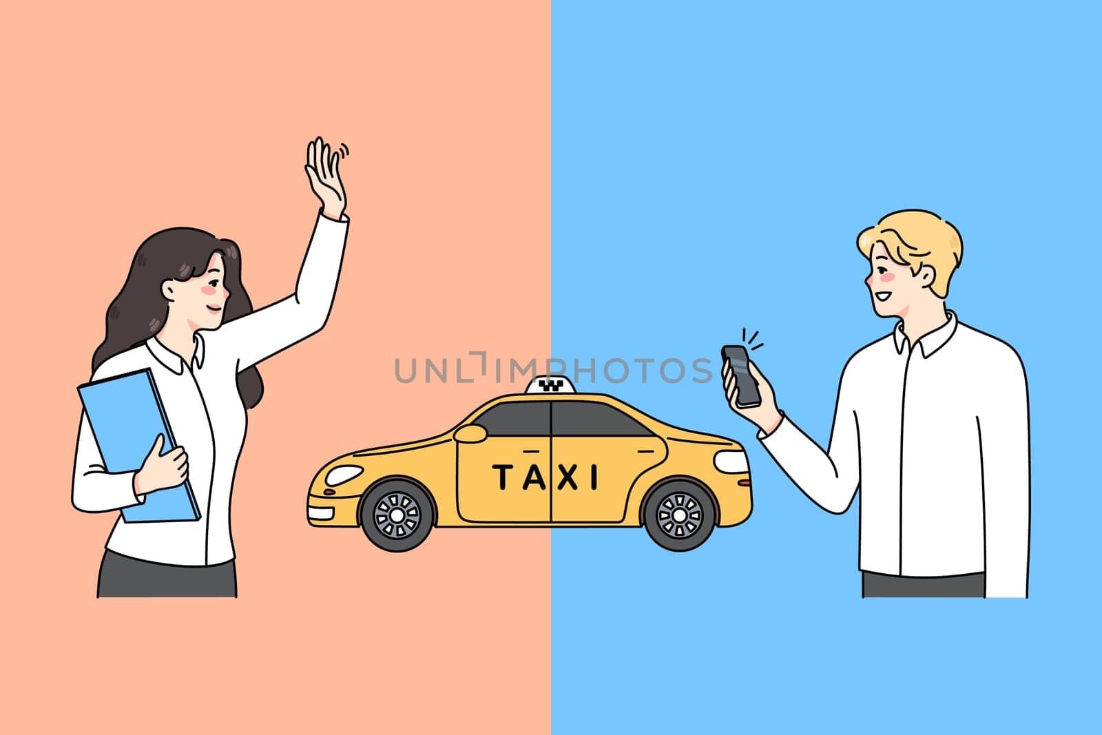 Diverse people order taxi in various ways. Man call cab on cellphone app, woman catch car on street. Private transportation concept. City traffic. Flat vector illustration.