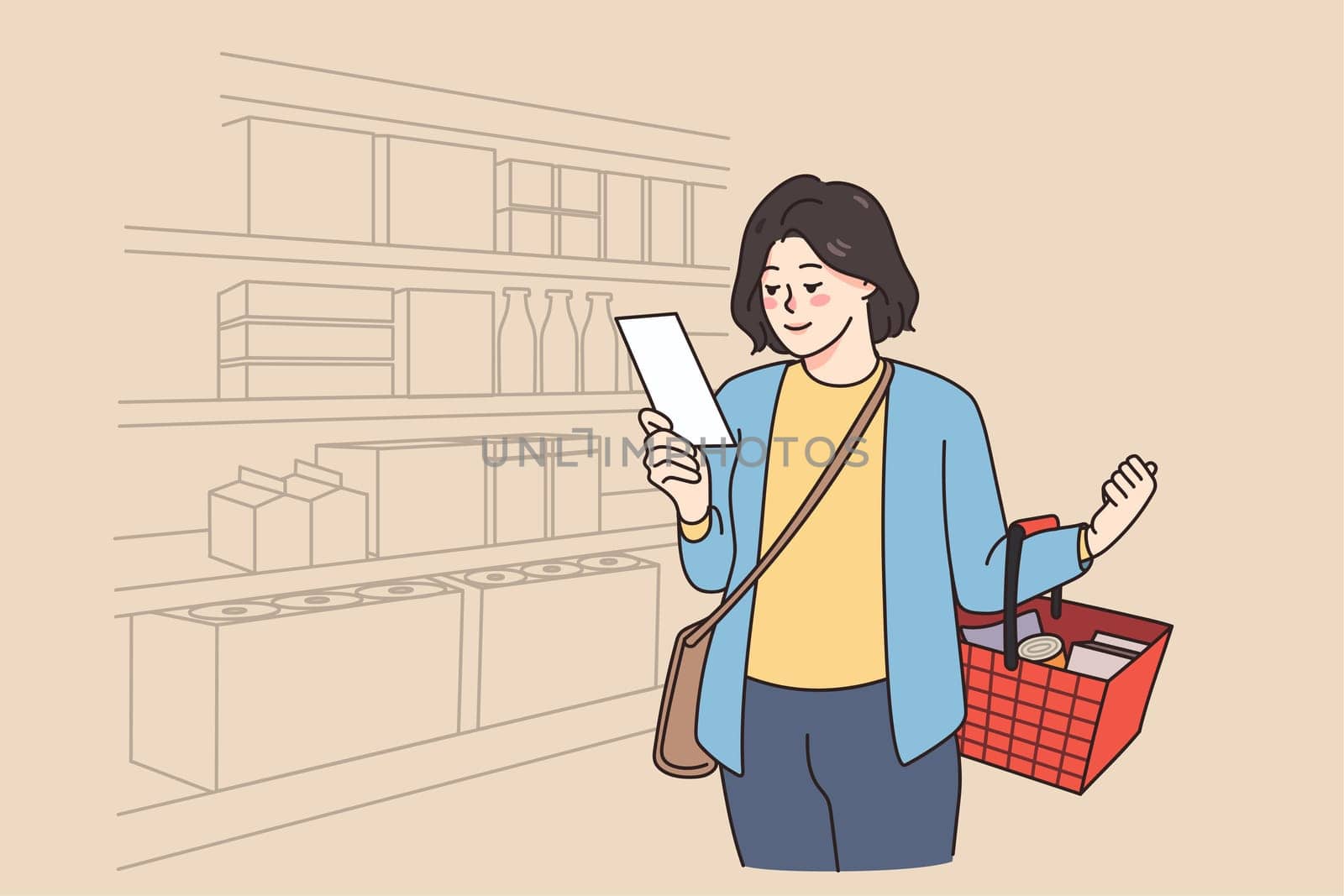 Woman client with shopping list hold basket buy products in supermarket. Smiling female customer purchase groceries in store according to planned listing. Retail and commerce. Vector illustration.