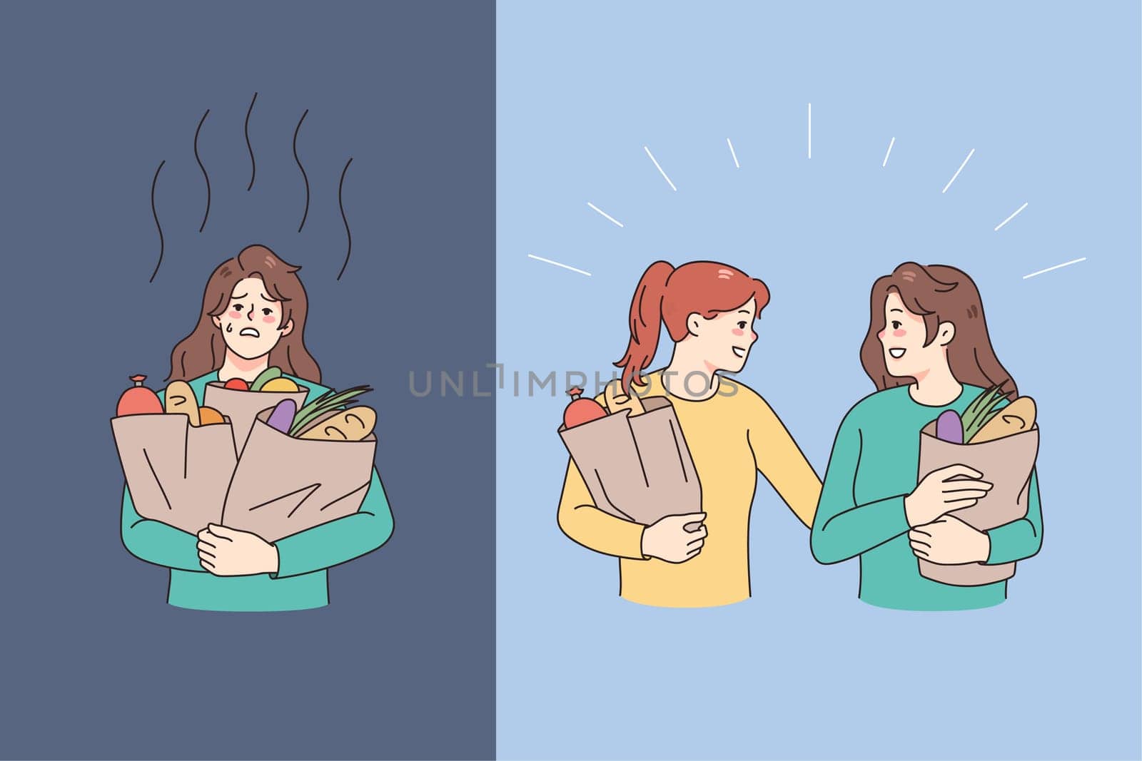Personal assistant help tired woman with grocery shopping. Smiling caring helper assist exhausted housewife with household chores. Homework and assistance concept. Vector illustration.