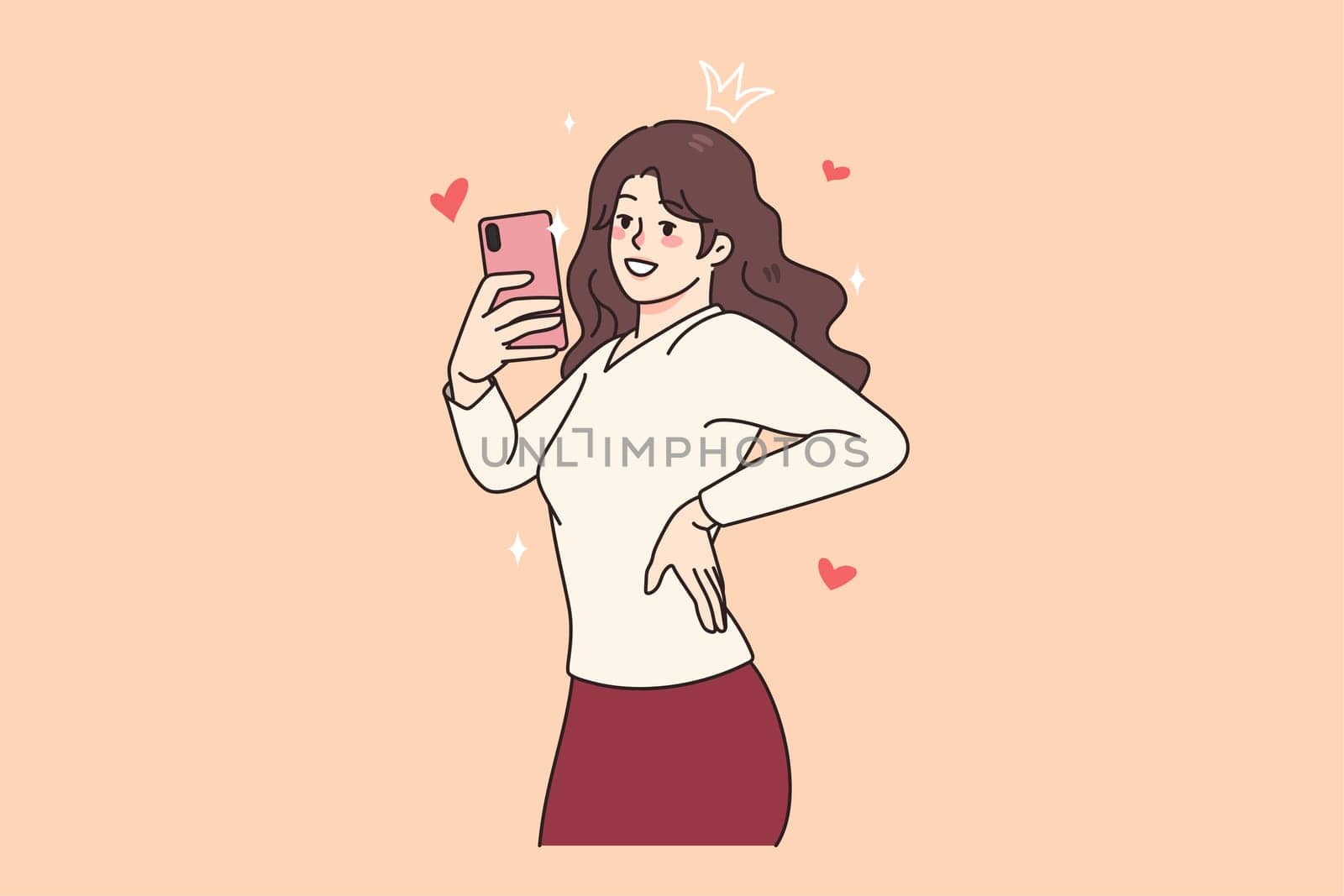 Happy millennial pretty girl male self-portrait picture of cellphone. Smiling young woman blogger or social media influencer take selfie on smartphone camera. Flat vector illustration.