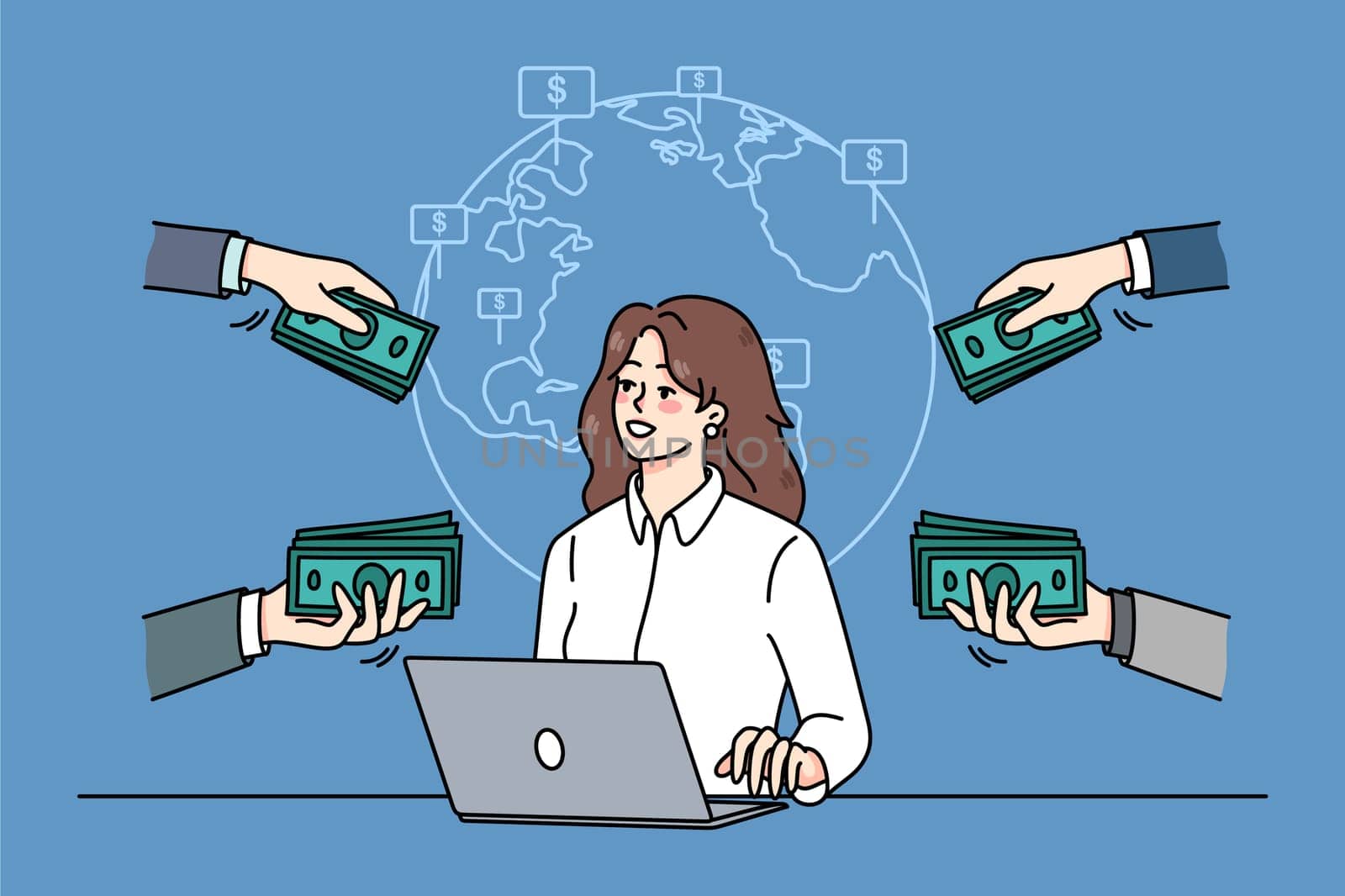 Successful businesswoman work online on computer get contracts around the world. Female freelancer get money or financial compensation for web job. Freelance. Vector illustration.