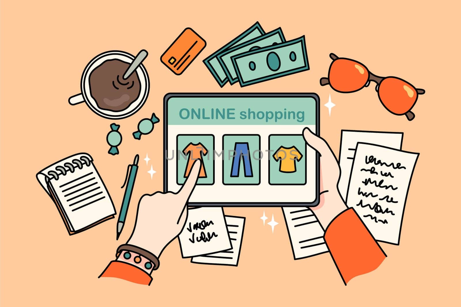 Top view closeup of person sit at table shopping online on tablet gadget. Woman buy clothing on internet on modern pad device. Web order, fashion and consumerism. Vector illustration.