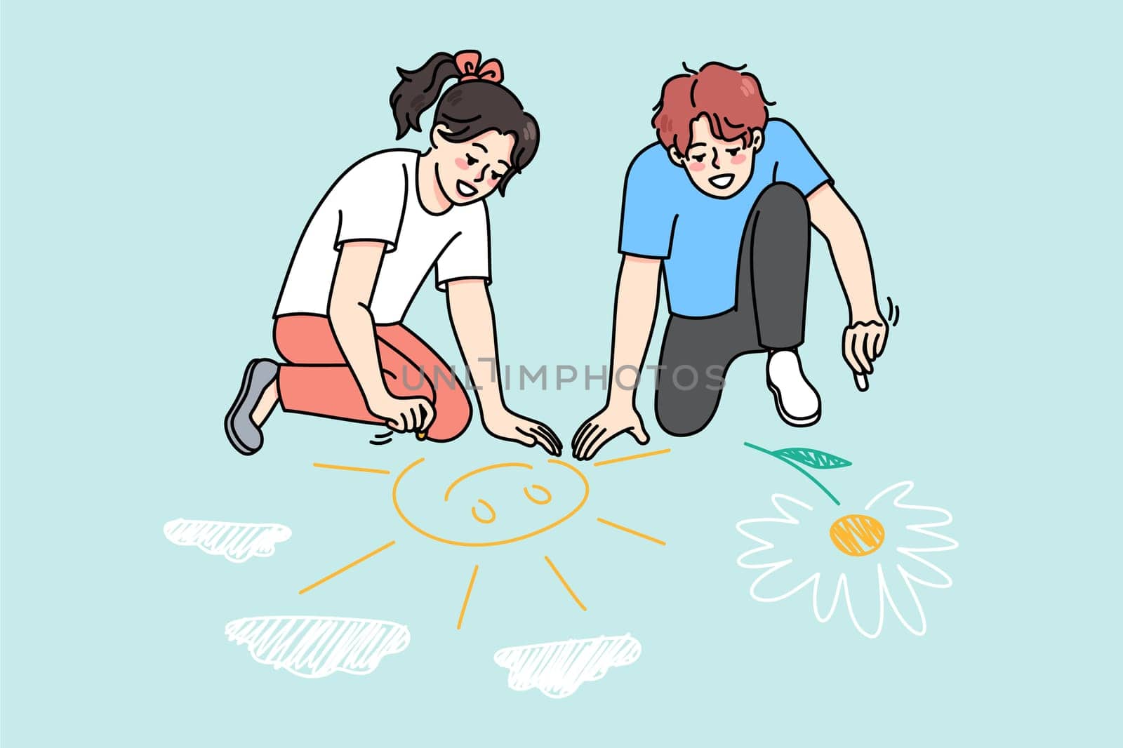 Happy teen kids have fun drawing on asphalt colorful pictures with chalk. Smiling funny little children relax play together outdoors. Joyful childhood. Flat vector illustration.