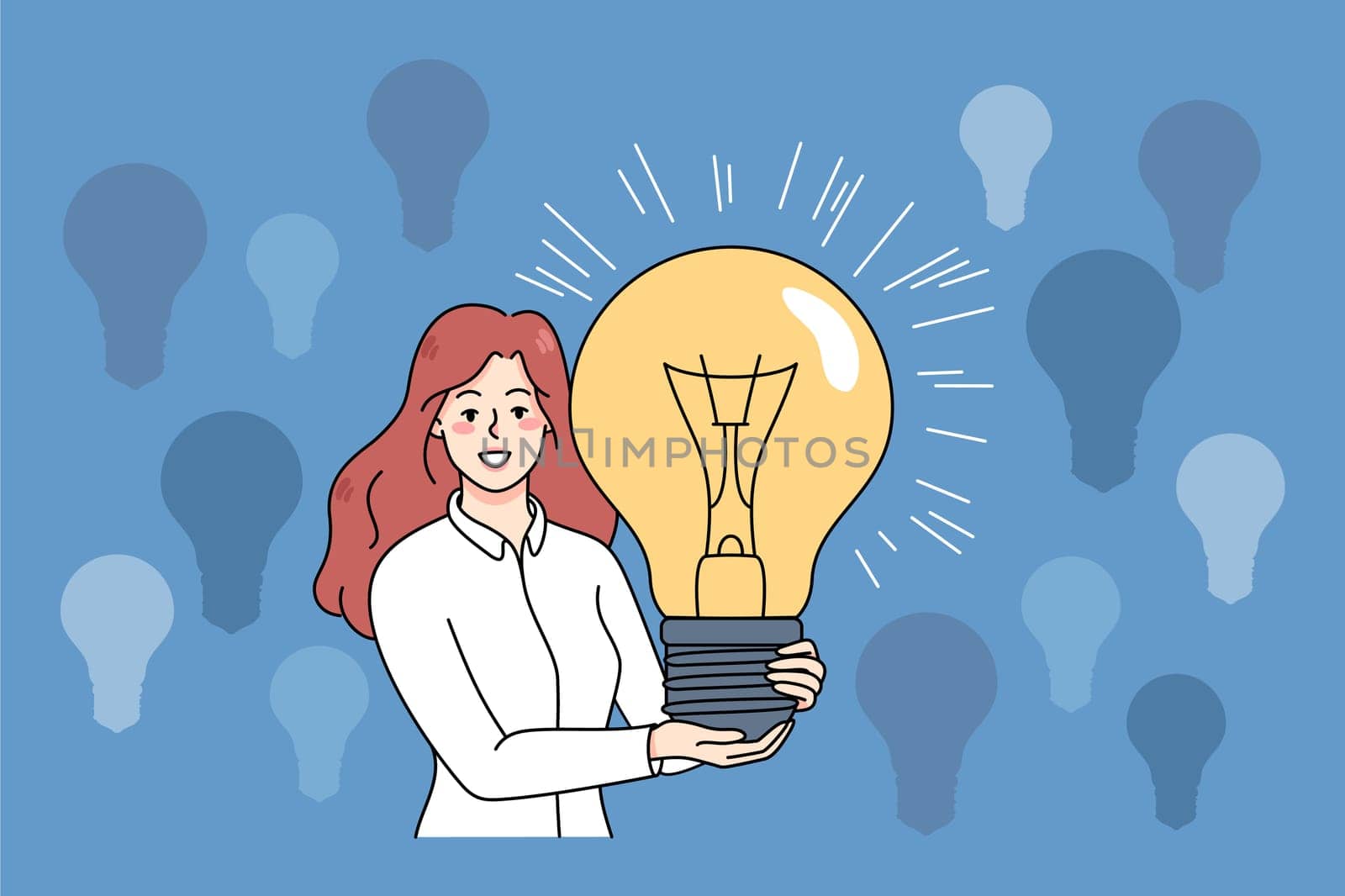 Smiling young woman hold huge lightbulb brainstorm generate creative business ideas. Happy female with light bulb create innovative solutions or launch project. Flat vector illustration.