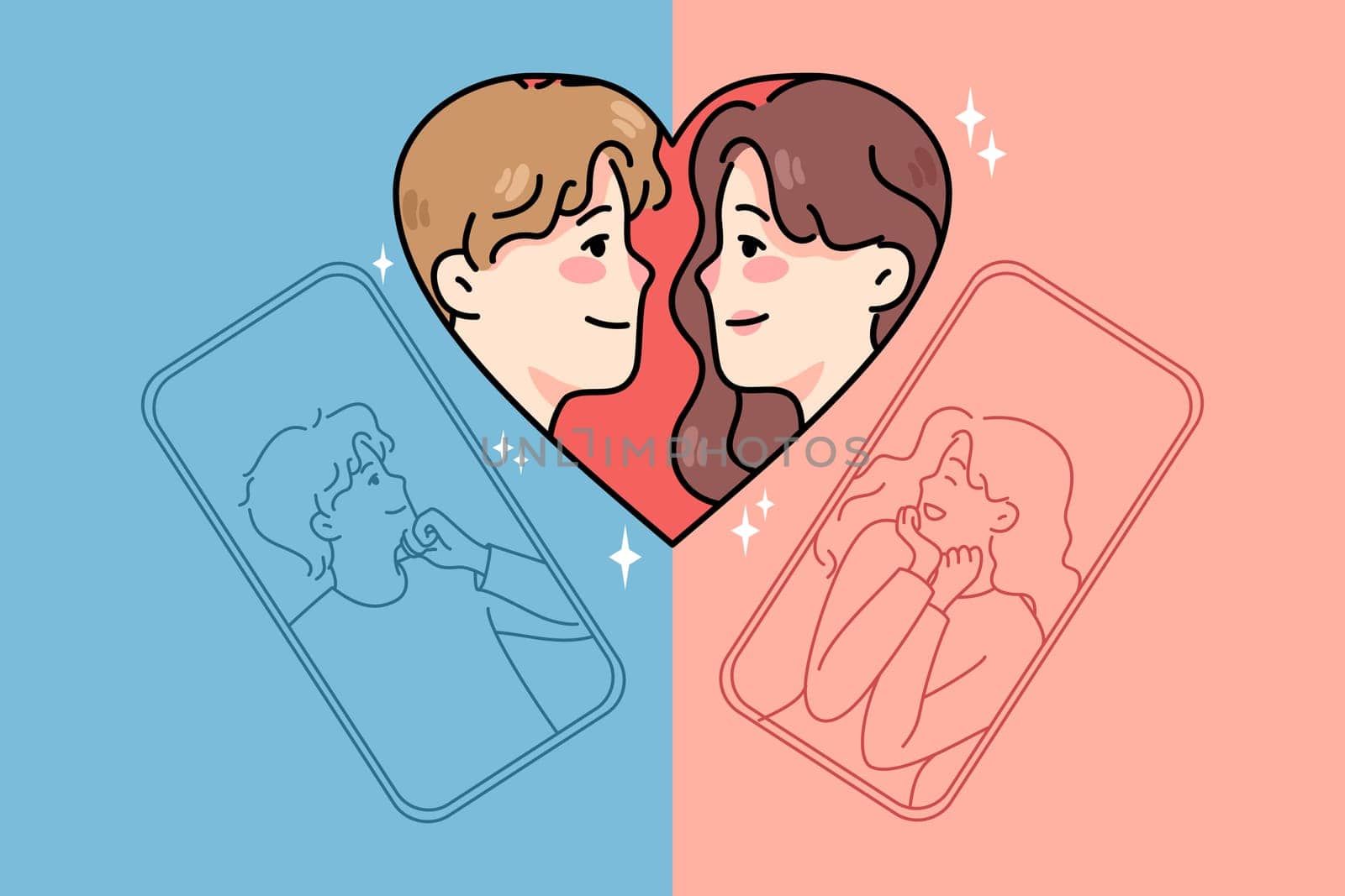 Happy man and woman dating texting online on social media on cellphone. Male and female couple talk virtual on smartphone. Remote relationships and communication. Vector illustration.