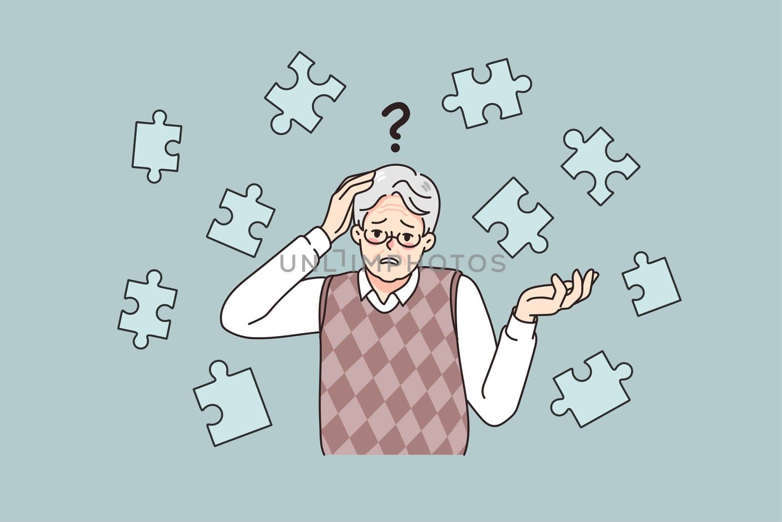 Frustrated old man suffer from dementia loss memory. Confused senior male struggle with Alzheimer disease. Elderly healthcare and medicine concept. Flat vector illustration.