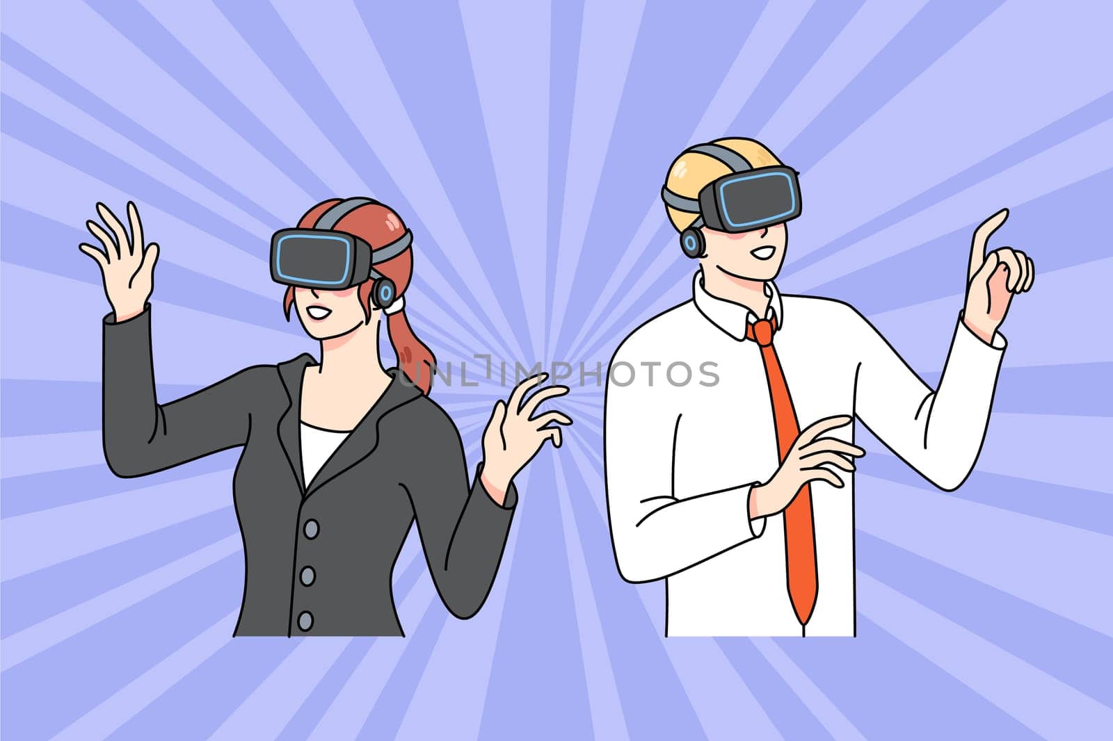 Diverse businesspeople in VR glasses explore new reality surroundings. Man and woman employees in virtual reality headsets use modern technologies at work. Flat vector illustration.