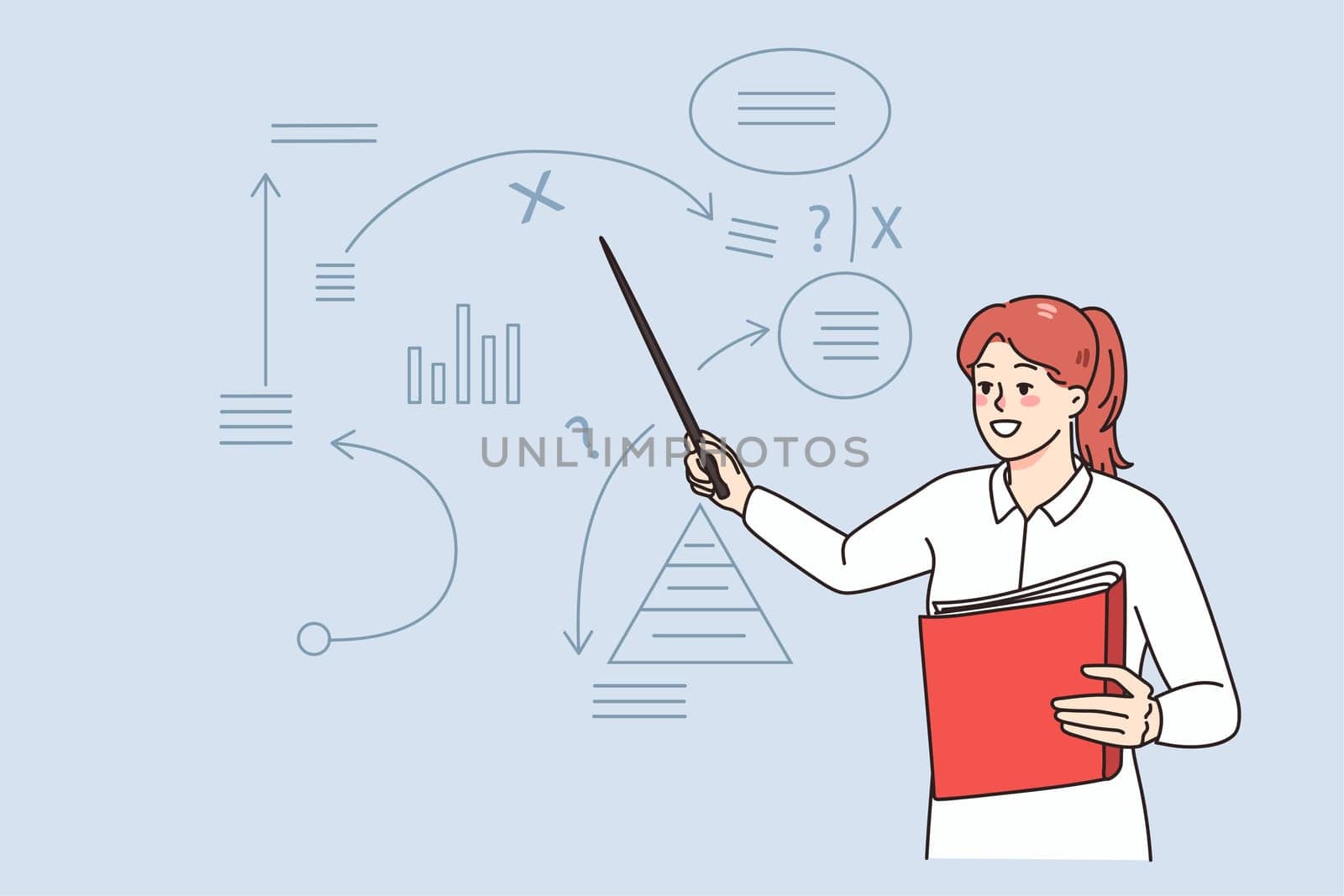 Successful businesswoman present business strategy on flip chart on meeting or training. Female employee make presentation, plan marketing startup or launch. Flat vector illustration.