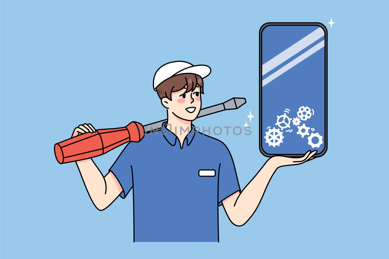 Smiling man with huge tools repair smartphone in mobile client center or shop. Male engineer fix smartphone, install or download program. Gadgets and technology. Vector illustration.