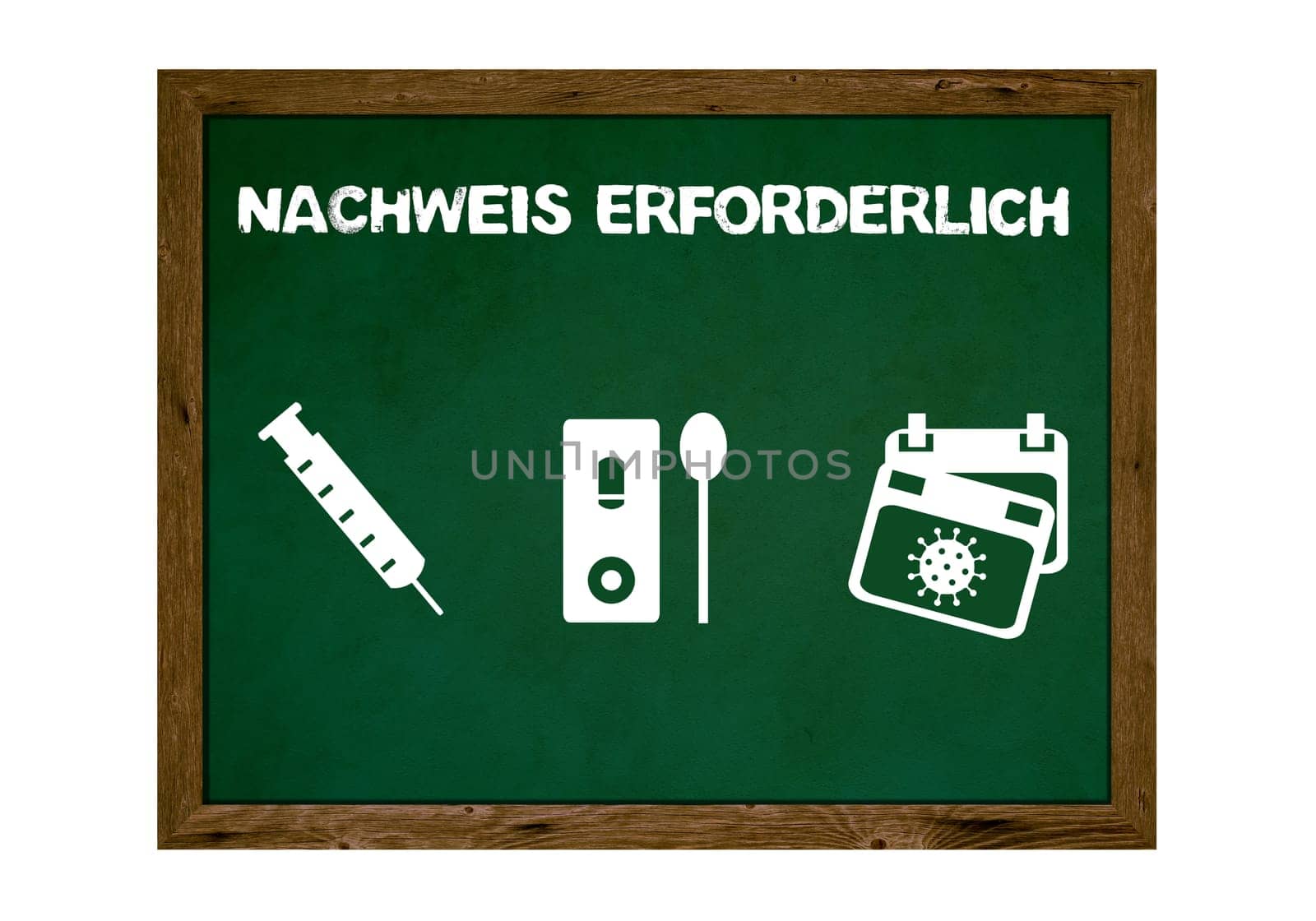 Coronavirus Rules on old chalkboard with wooden frame: Vaccinated Tested or Recovered - Proof neccesary in german language