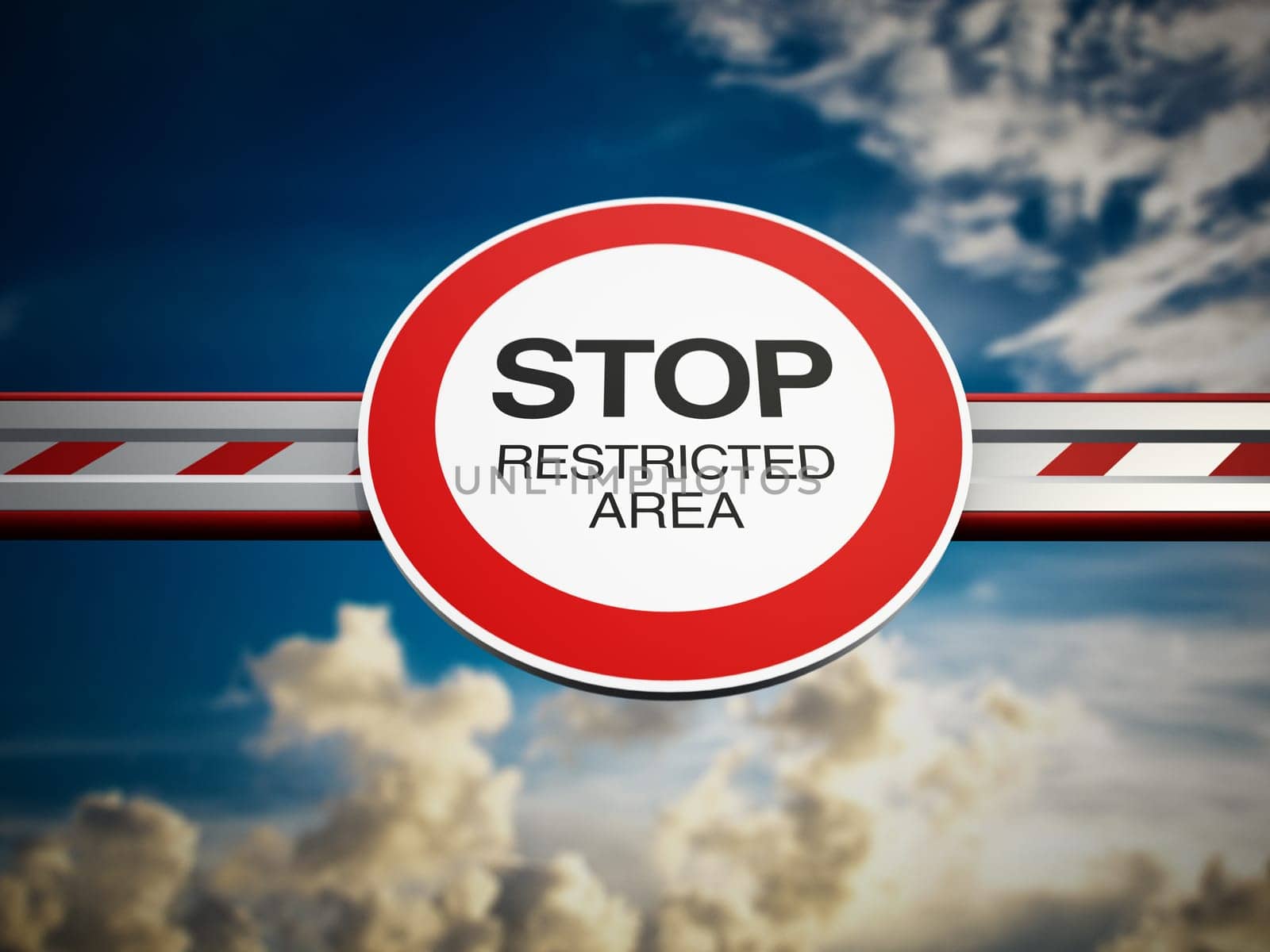 Gate barrier system with stop sign. 3D illustration.