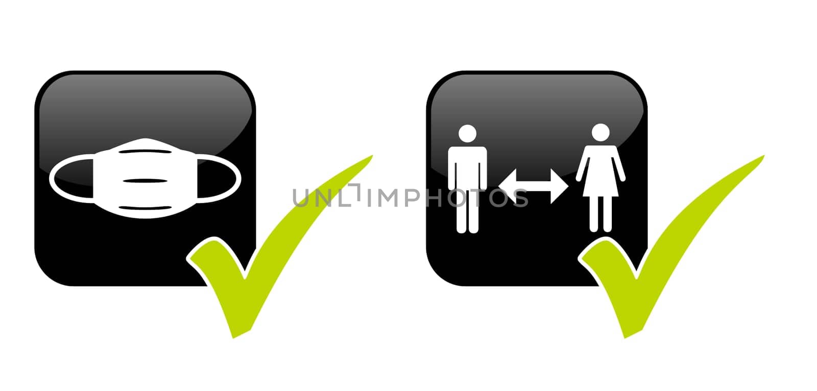 Two black Buttons with white icons and check mark - Face Mask and Distance