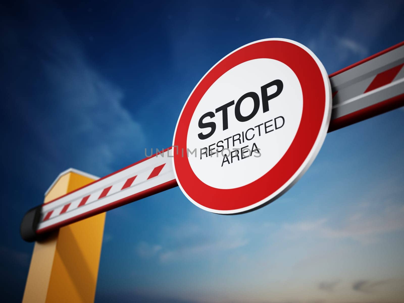 Gate barrier system with stop sign. 3D illustration.