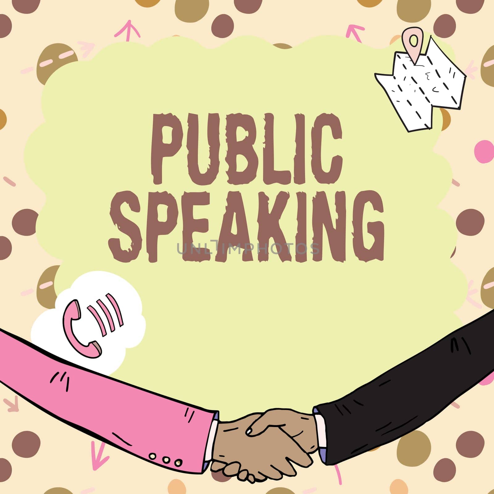 Handwriting text Public Speaking, Word Written on talking showing stage in subject Conference Presentation Empty frame decorated with communication symbols represent business meeting