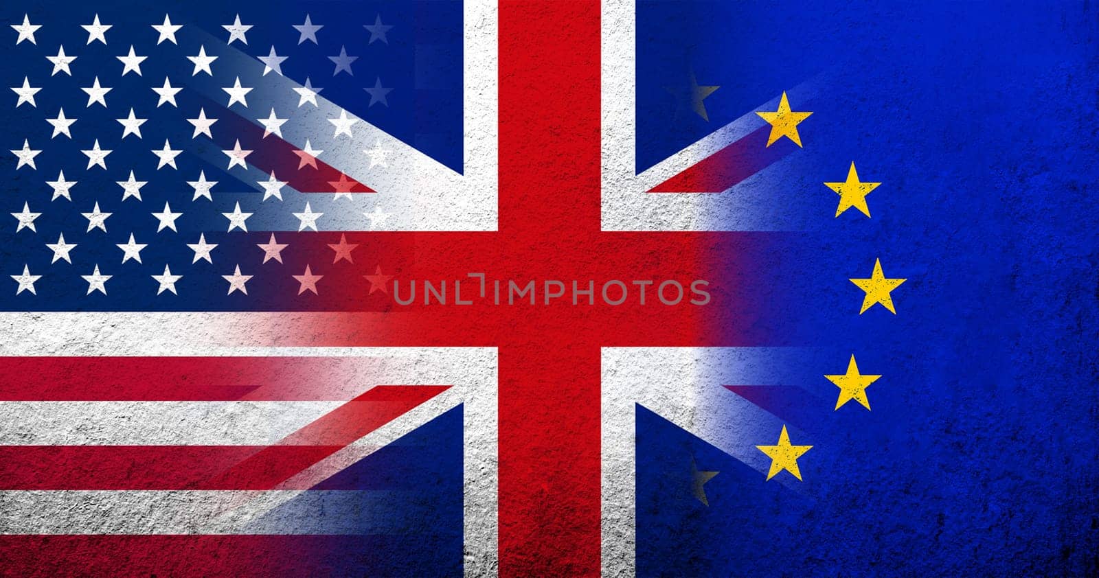 National flag of United Kingdom Great Britain, United States of America USA national flag and Flag of the European Union. Grunge background